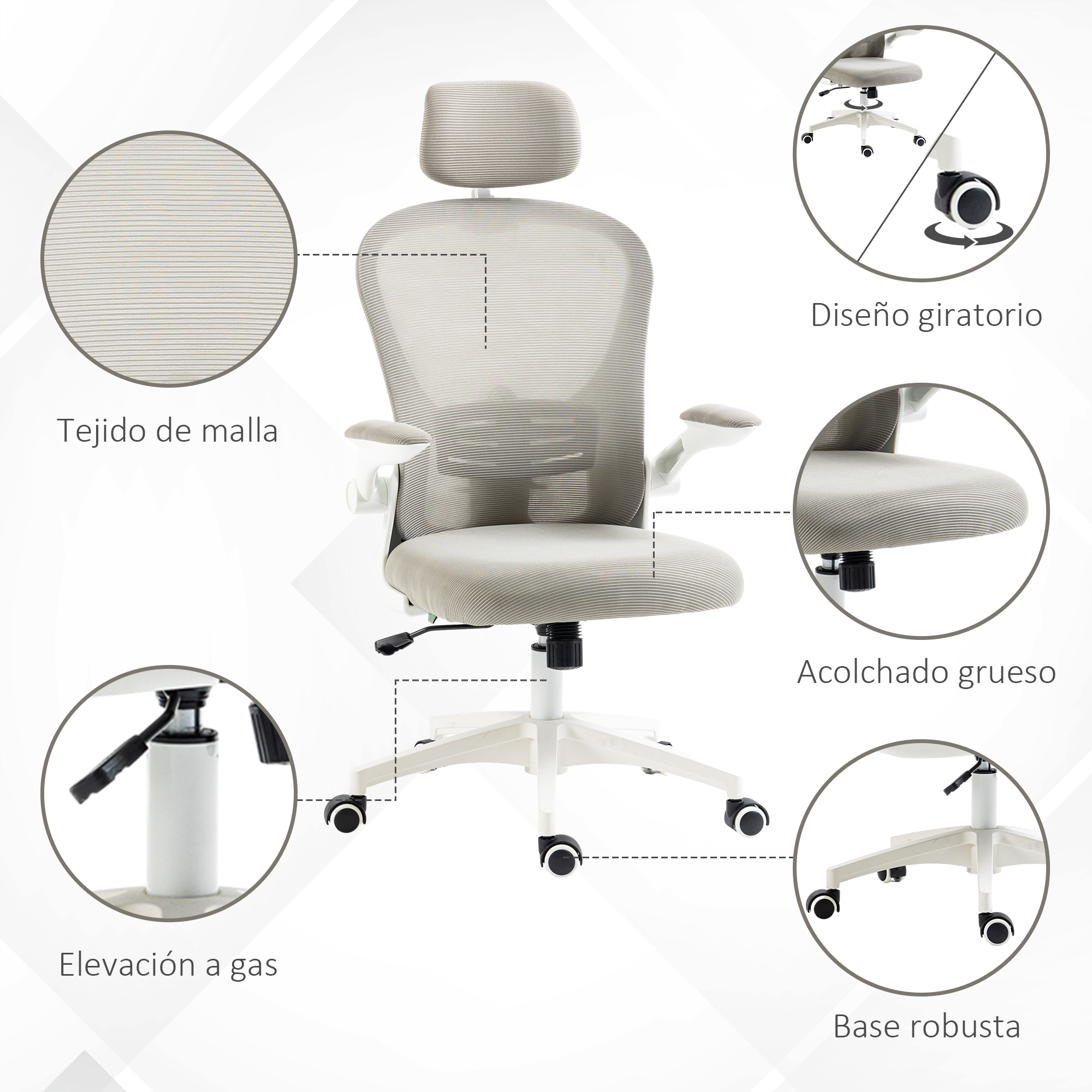 Una silla de oficina con múltiples características etiquetadas.