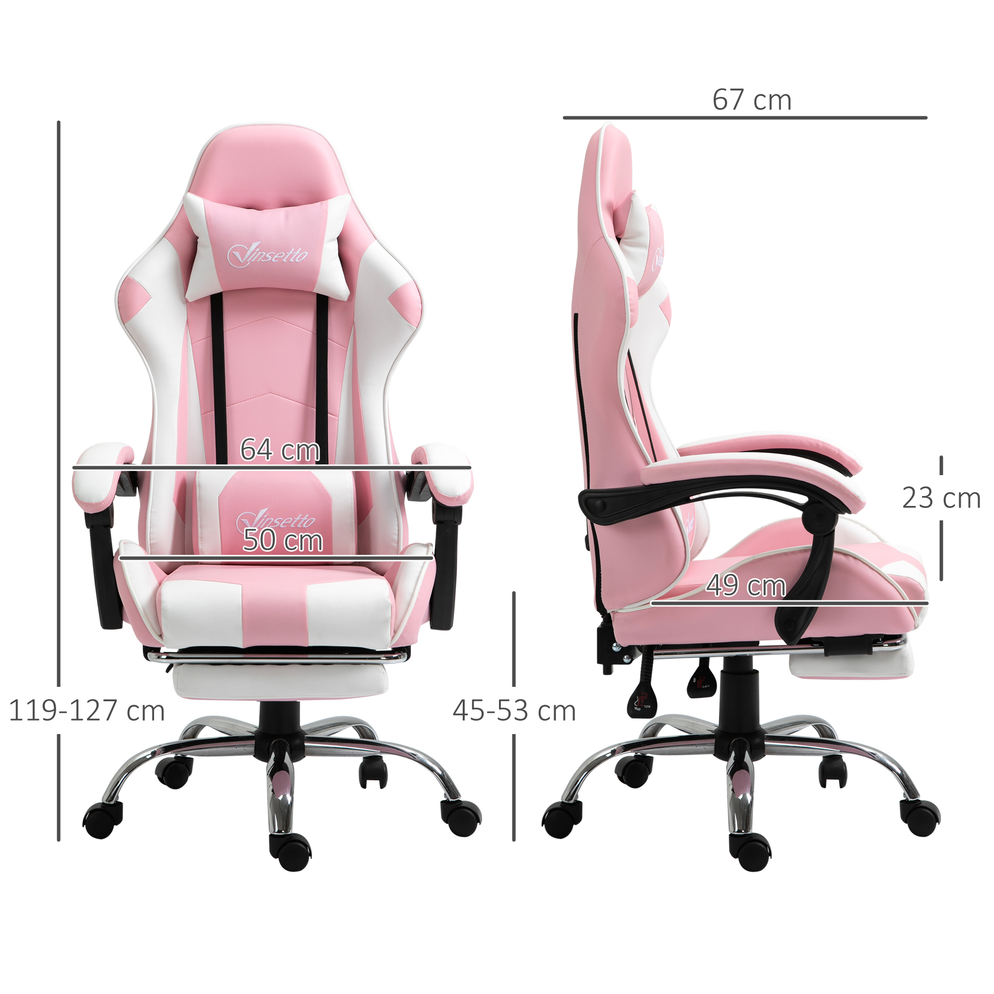 Silla gaming rosa y blanca con medidas. Muestra las dimensiones de la silla.