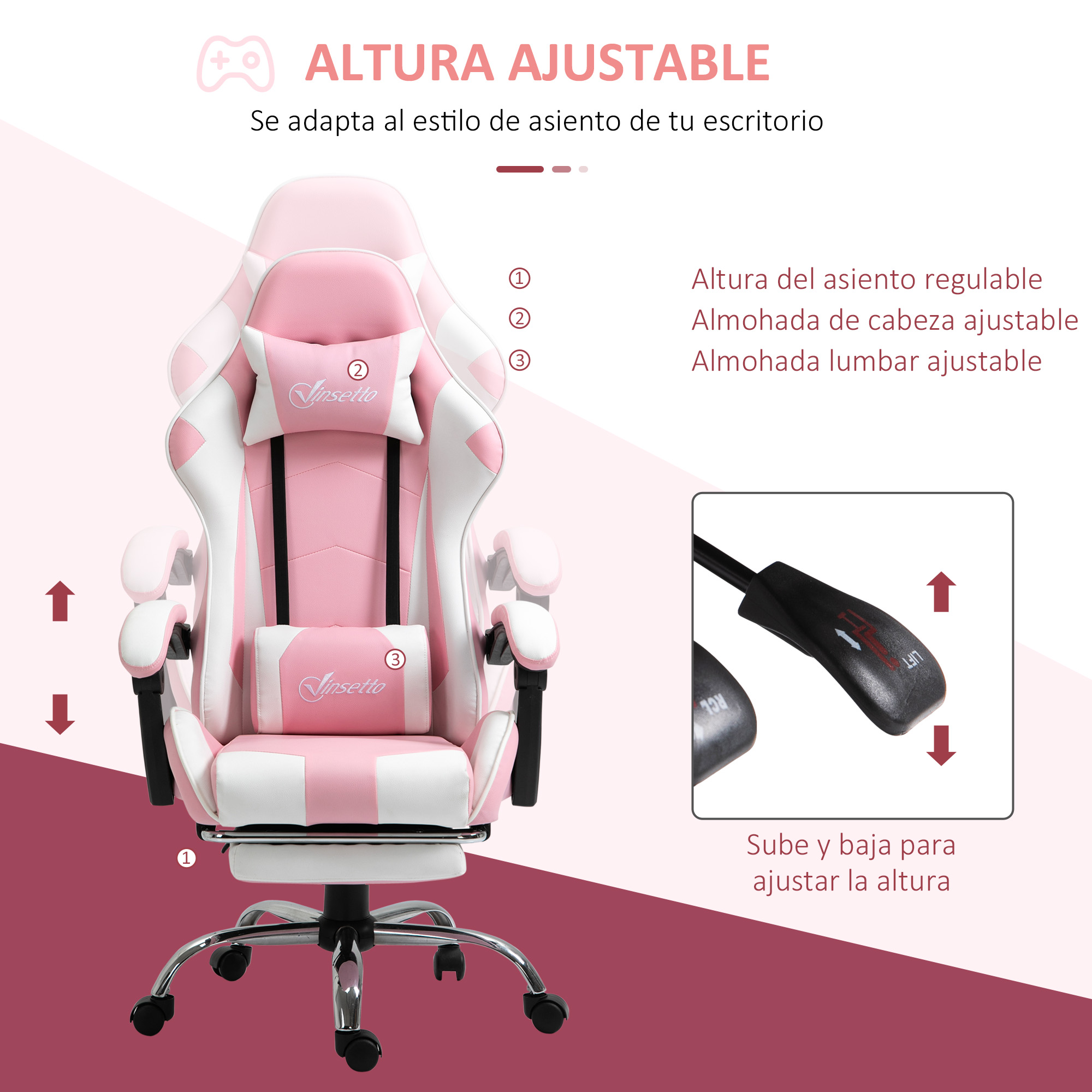 Silla gaming rosa y blanca con funciones ajustables, diagrama mostrando ajustes.