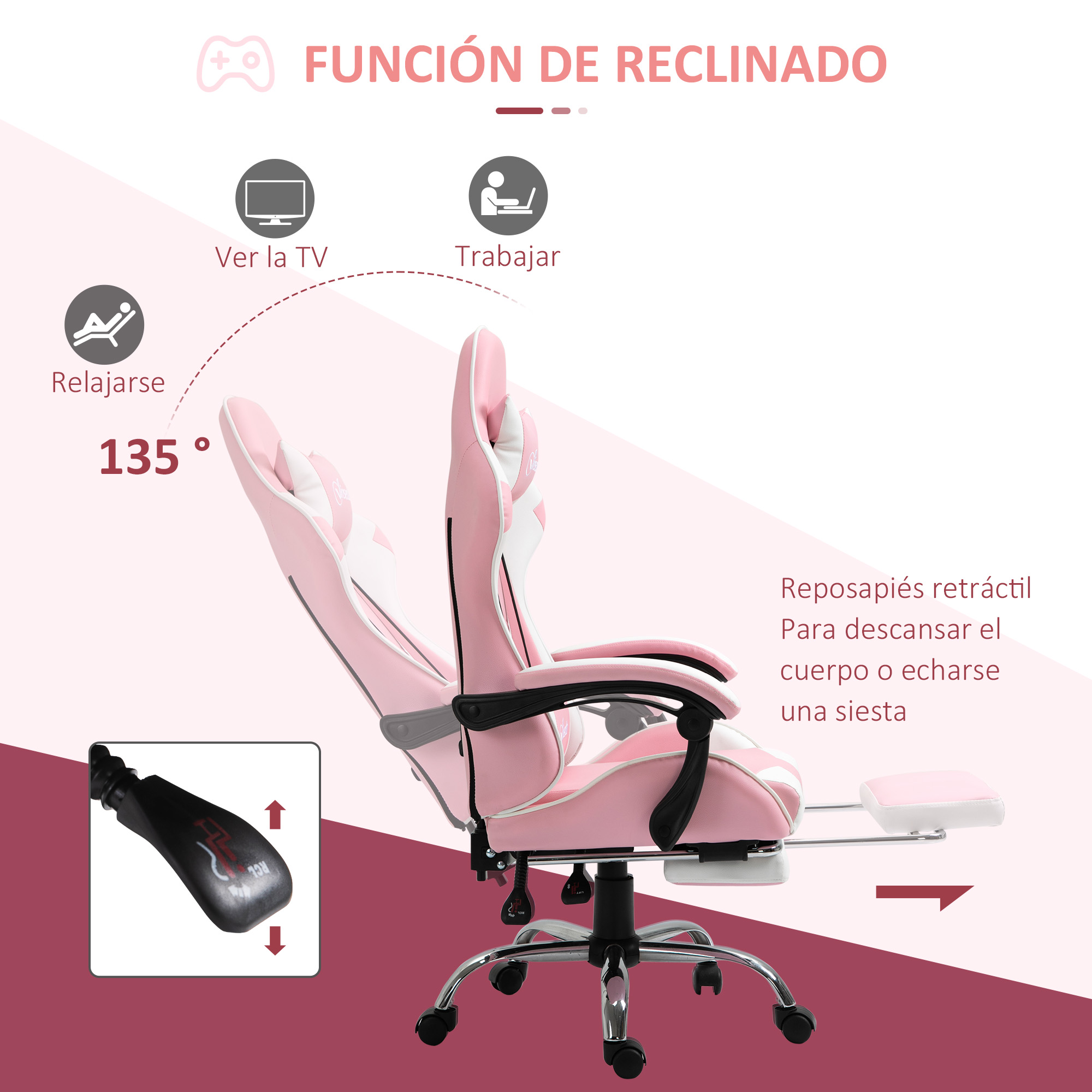 Silla gaming rosa y blanca con funciones reclinables. Muestra diferentes posiciones, incluyendo reposapiés.