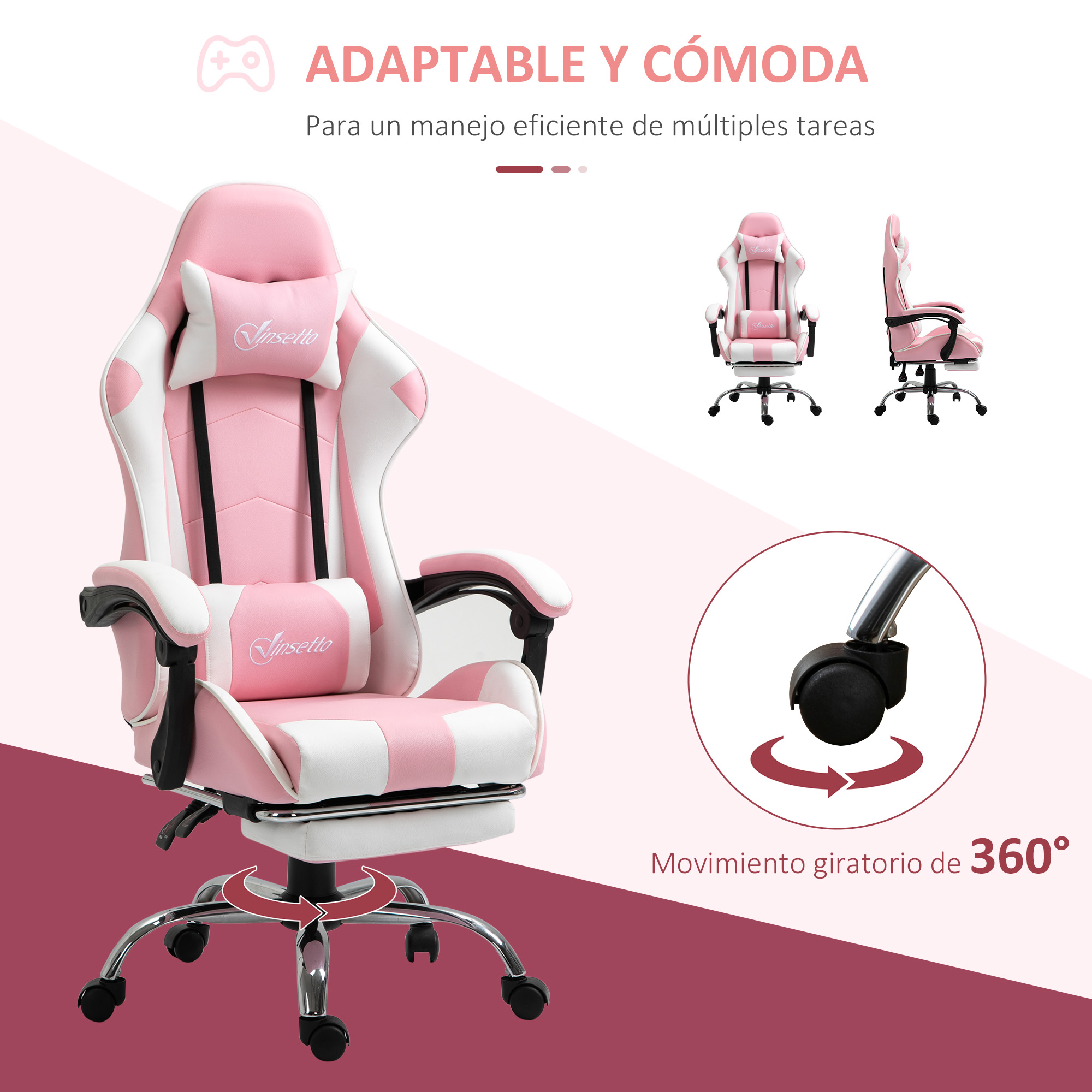 Una silla de juego rosa y blanca con diferentes vistas y gráficos de características.