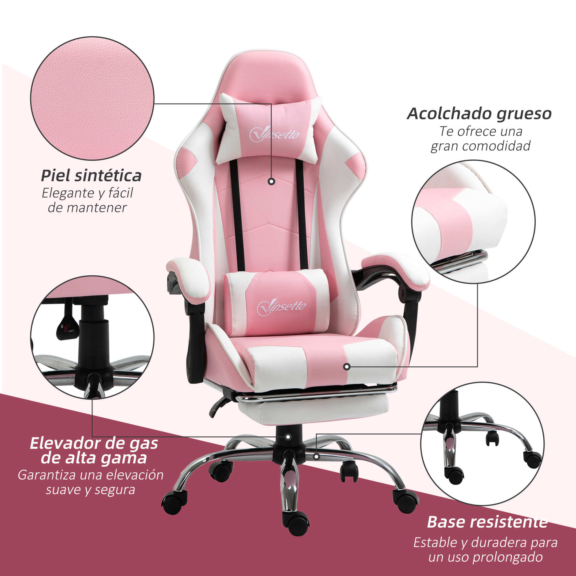Silla gaming rosa y blanca. Tiene una almohada para la cabeza y una lumbar. Tiene ruedas.