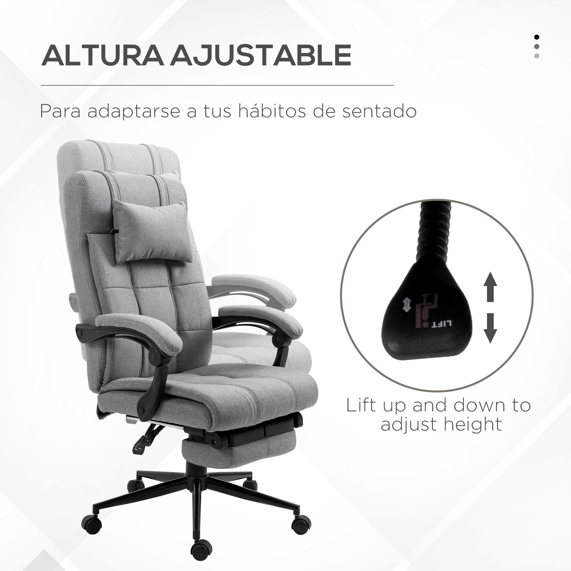 Silla de oficina gris con altura ajustable. Muestra el mecanismo de ajuste con flechas y una almohada para la cabeza.