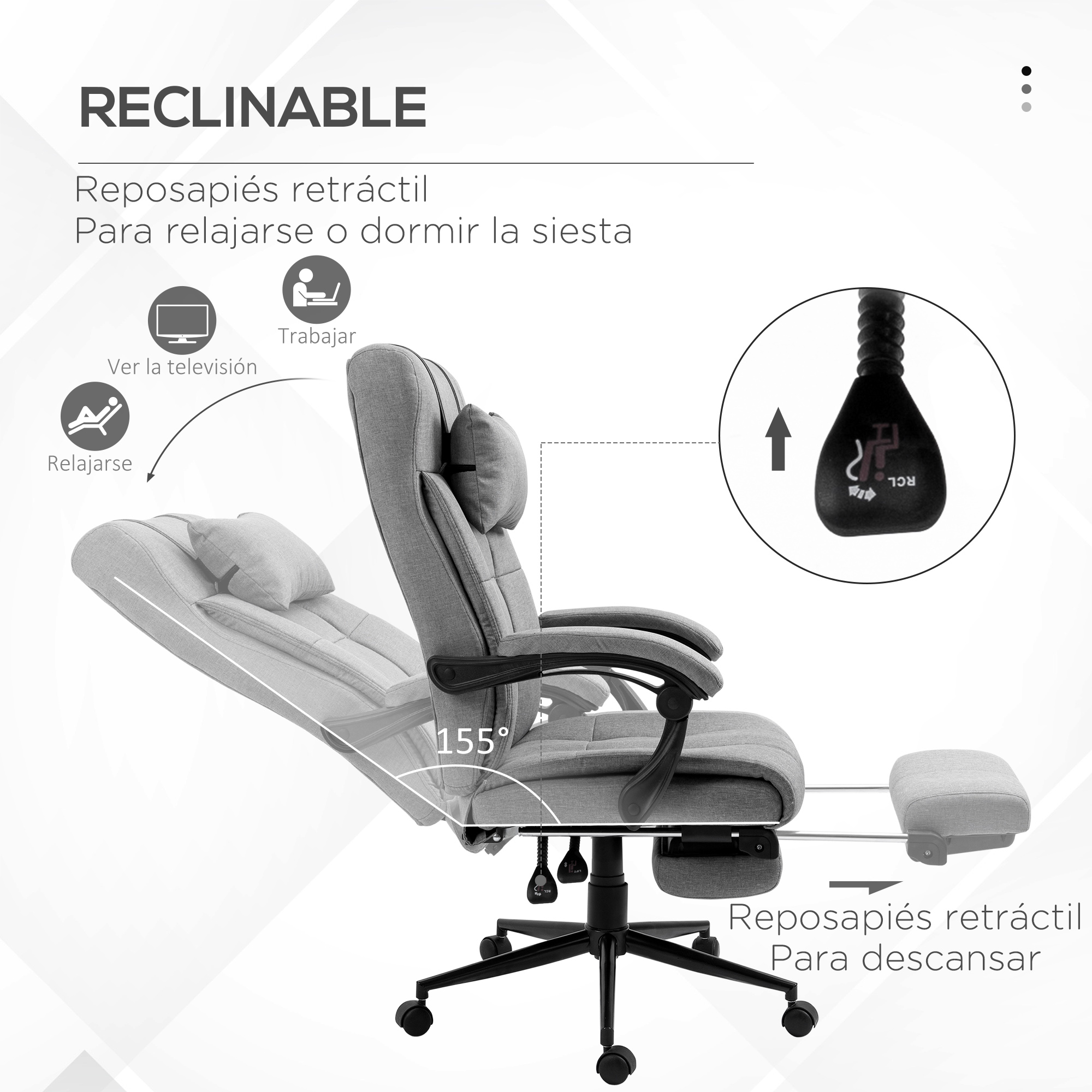 Silla de oficina reclinable gris con reposapiés extendido. Texto: Reclinable, reposapiés retráctil.