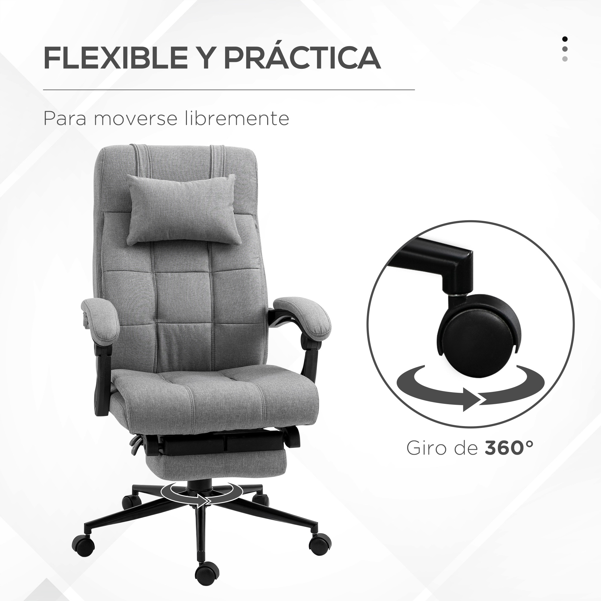 Silla de oficina gris con reposapiés y giro de 360 grados. Fondo blanco, texto arriba.