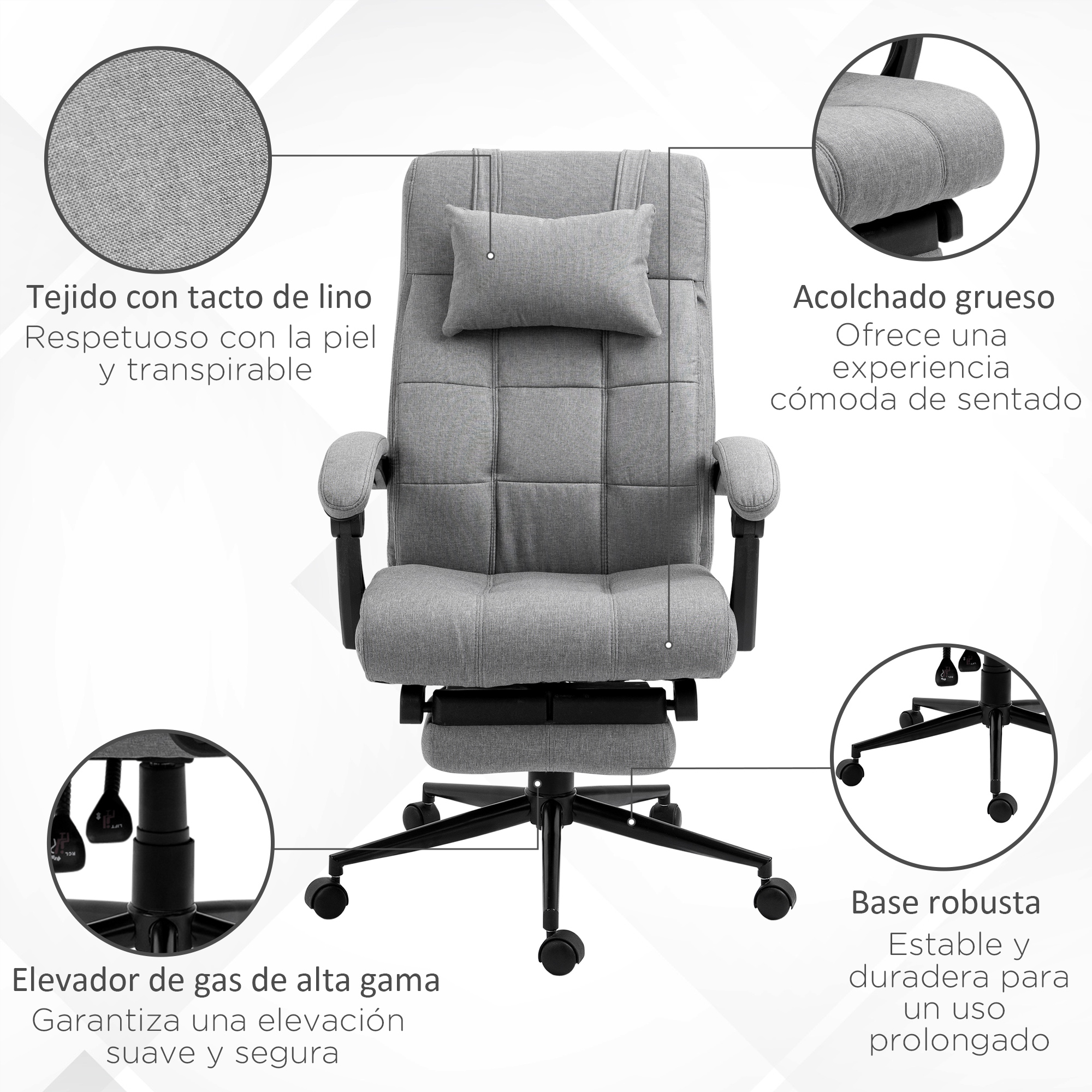 Silla de oficina gris con etiquetas de texto. La silla tiene reposacabezas y base robusta.