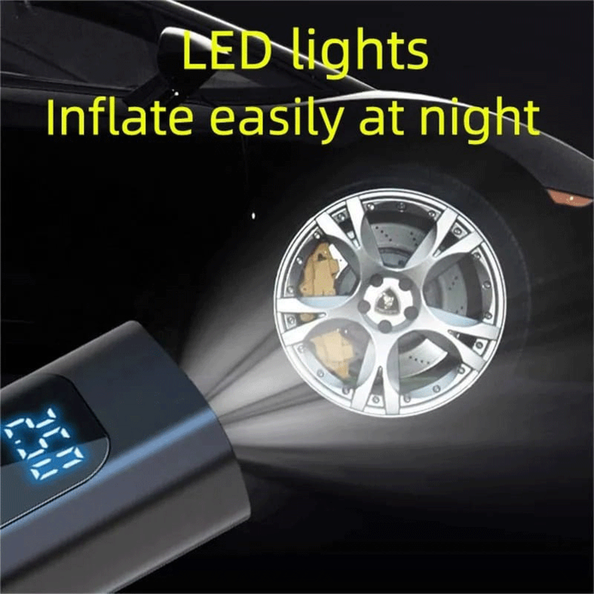 Inflar neumático por la noche. Neumático en coche, inflador negro con luz LED.
