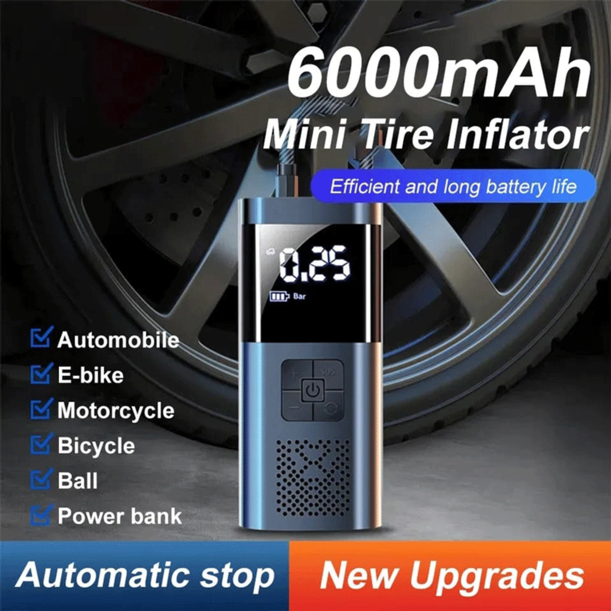 Mini inflador de neumáticos con pantalla digital. Texto: Mini inflador de neumáticos de 6000 mAh. Fondo negro y azul.