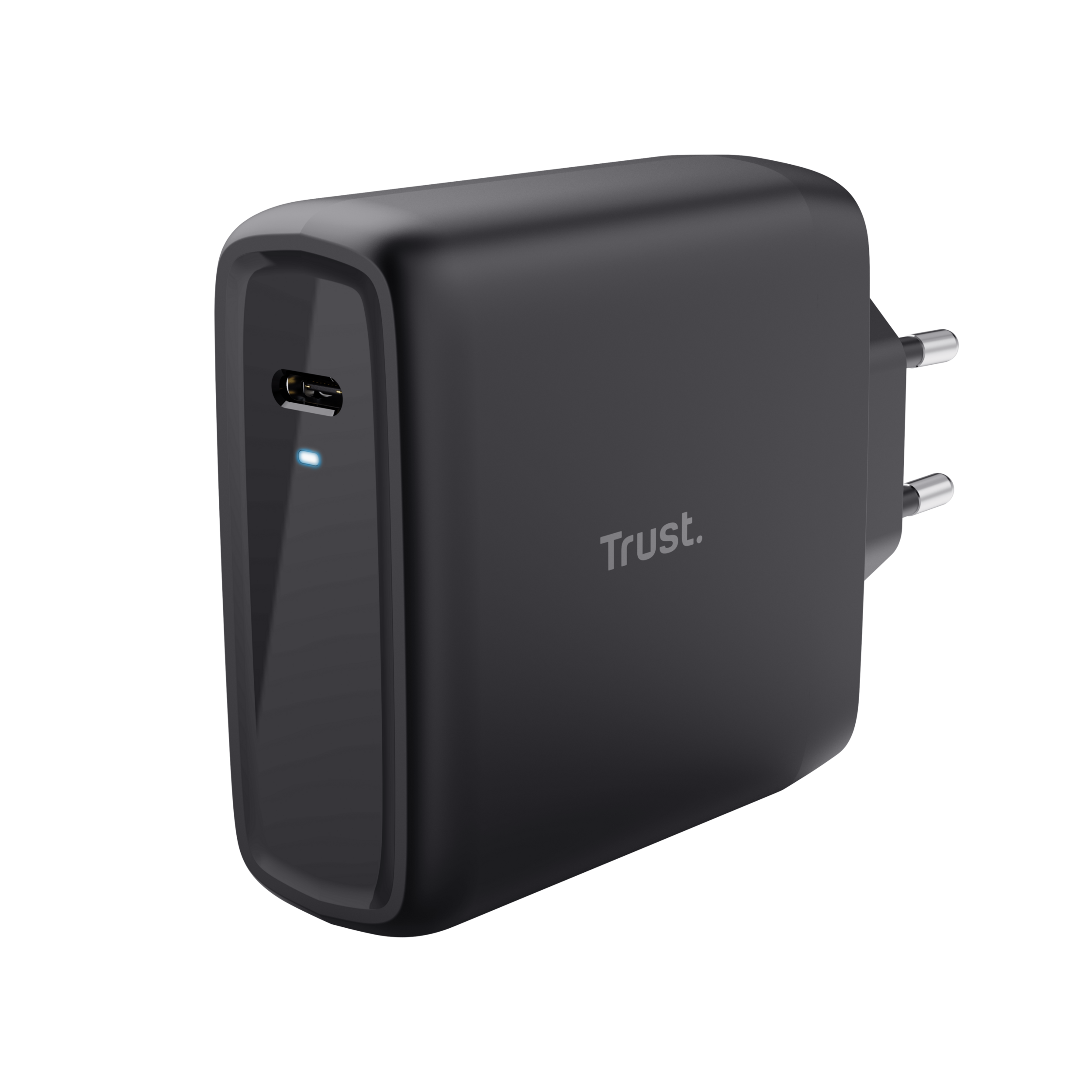 Black charger with two prongs, with a USB-C port and Trust logo.