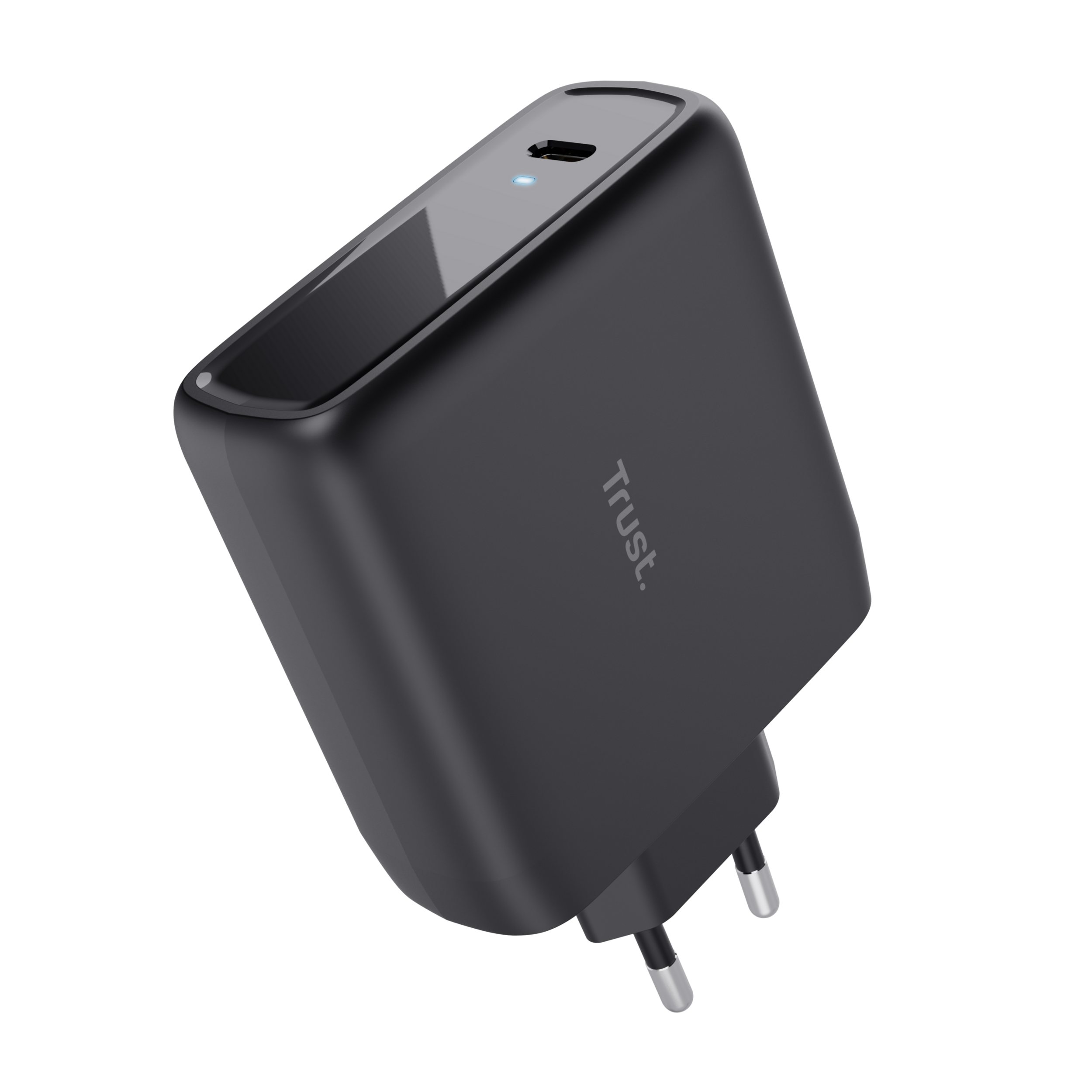 A black charger with a USB-C port, with the brand 'Trust' on the side.