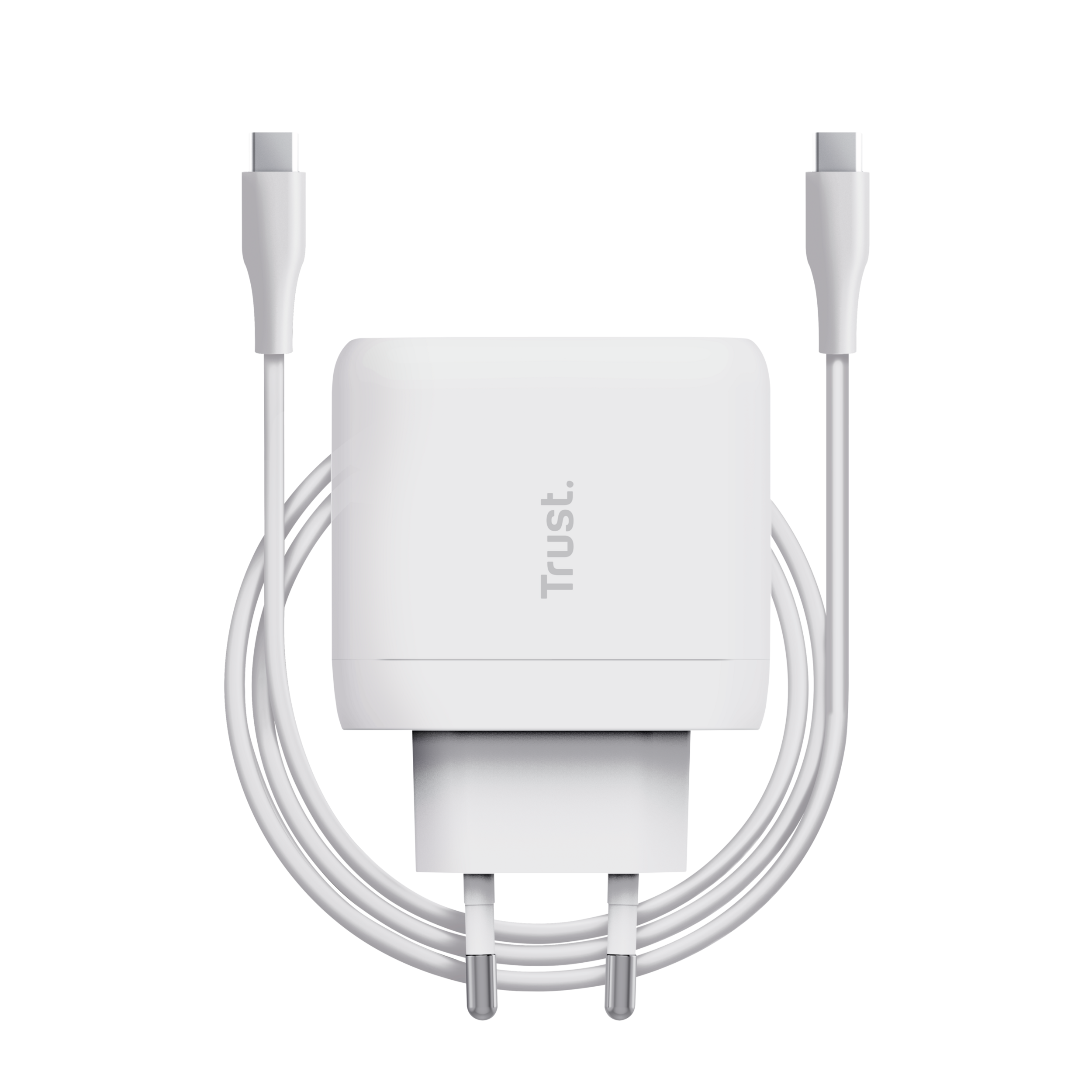 Witte oplader met twee witte USB-C kabels. Trust-logo is zichtbaar.