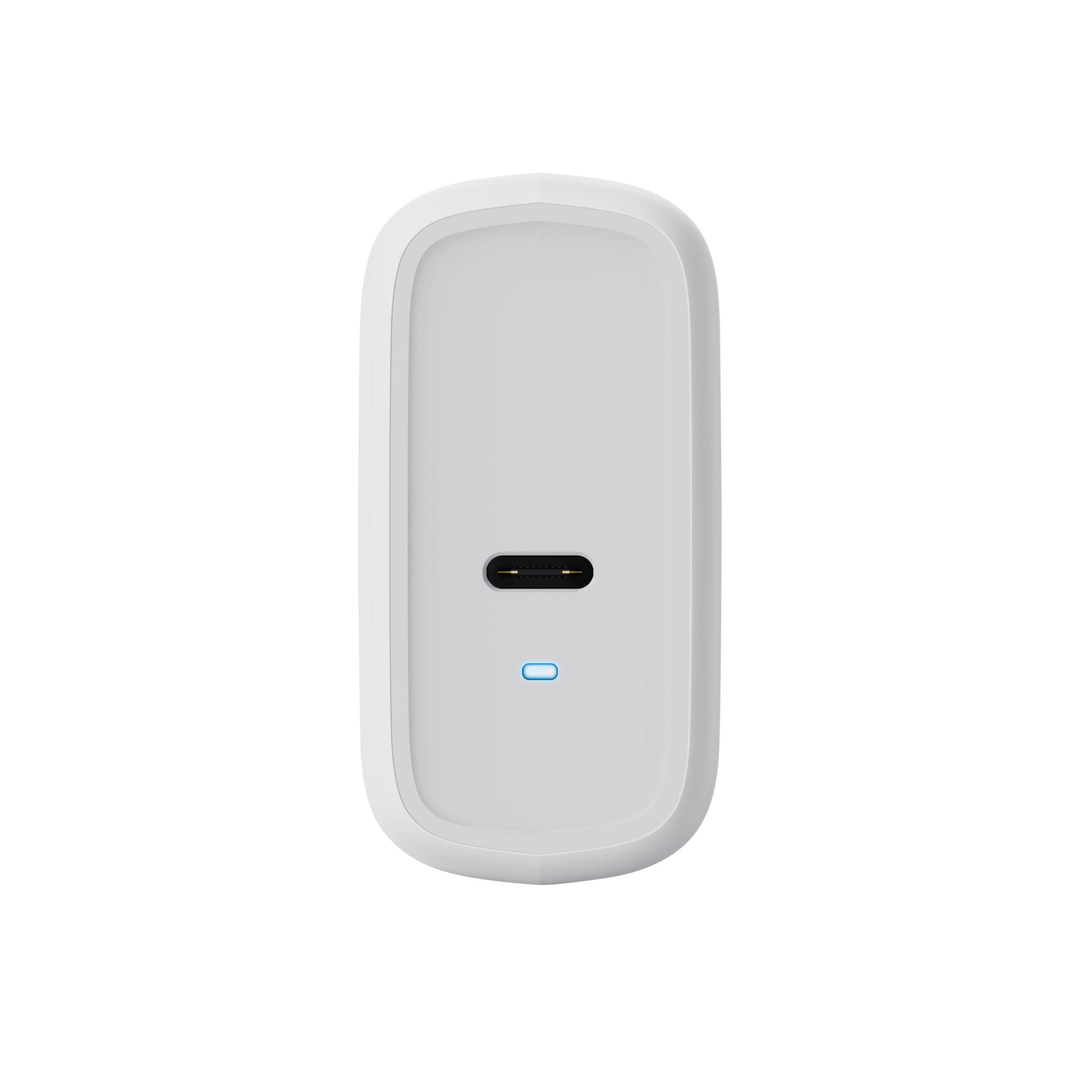 Witte oplader met een USB-C-poort. Een blauw lampje brandt onder de poort. Zwarte achtergrond.