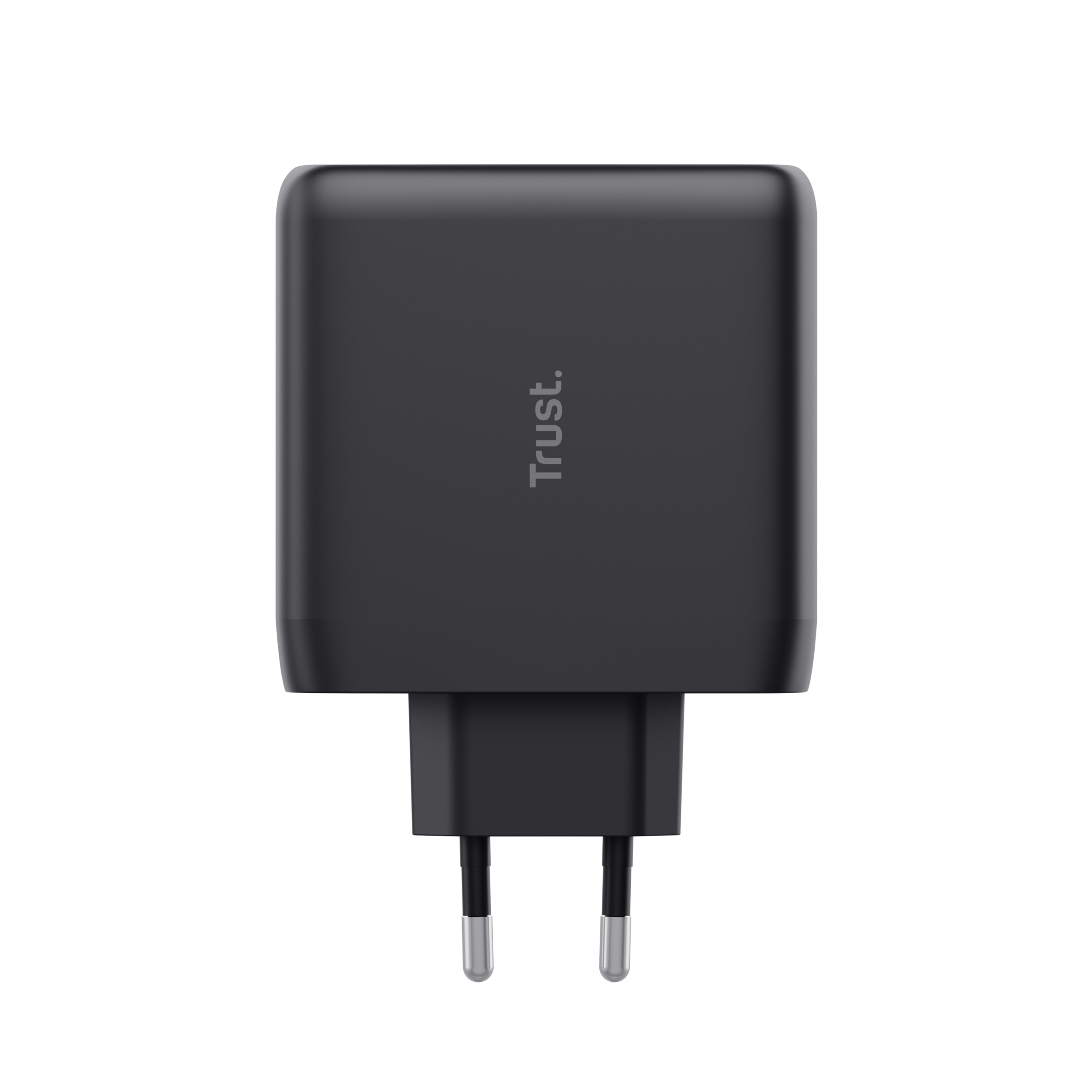 Black charger with plug. 'Trust' is printed on the front. Black background.