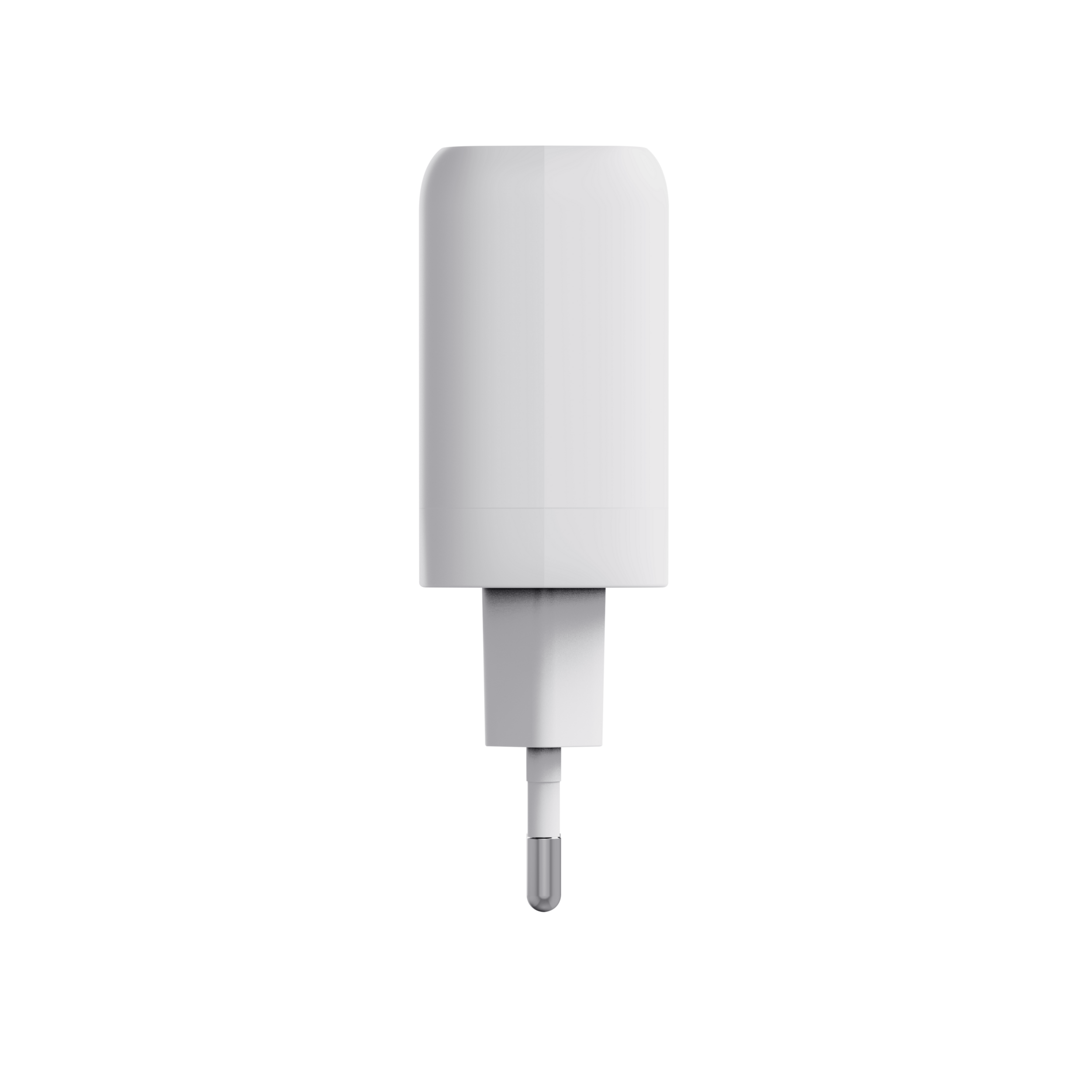 Een witte telefoonoplader met een stekker. De achtergrond is effen zwart.