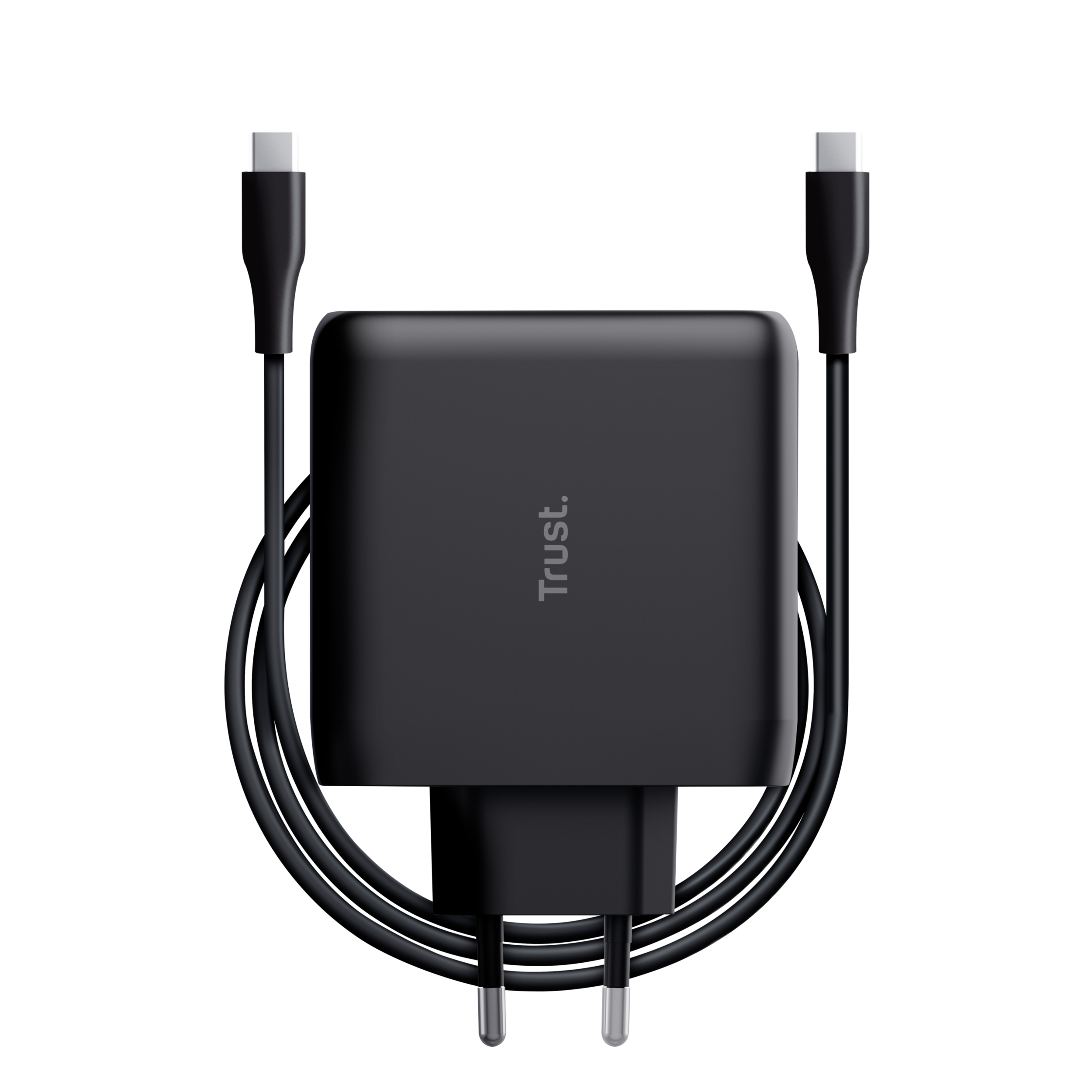 Black charger with two cables. The charger is branded 'Trust'. Cables and background are black.