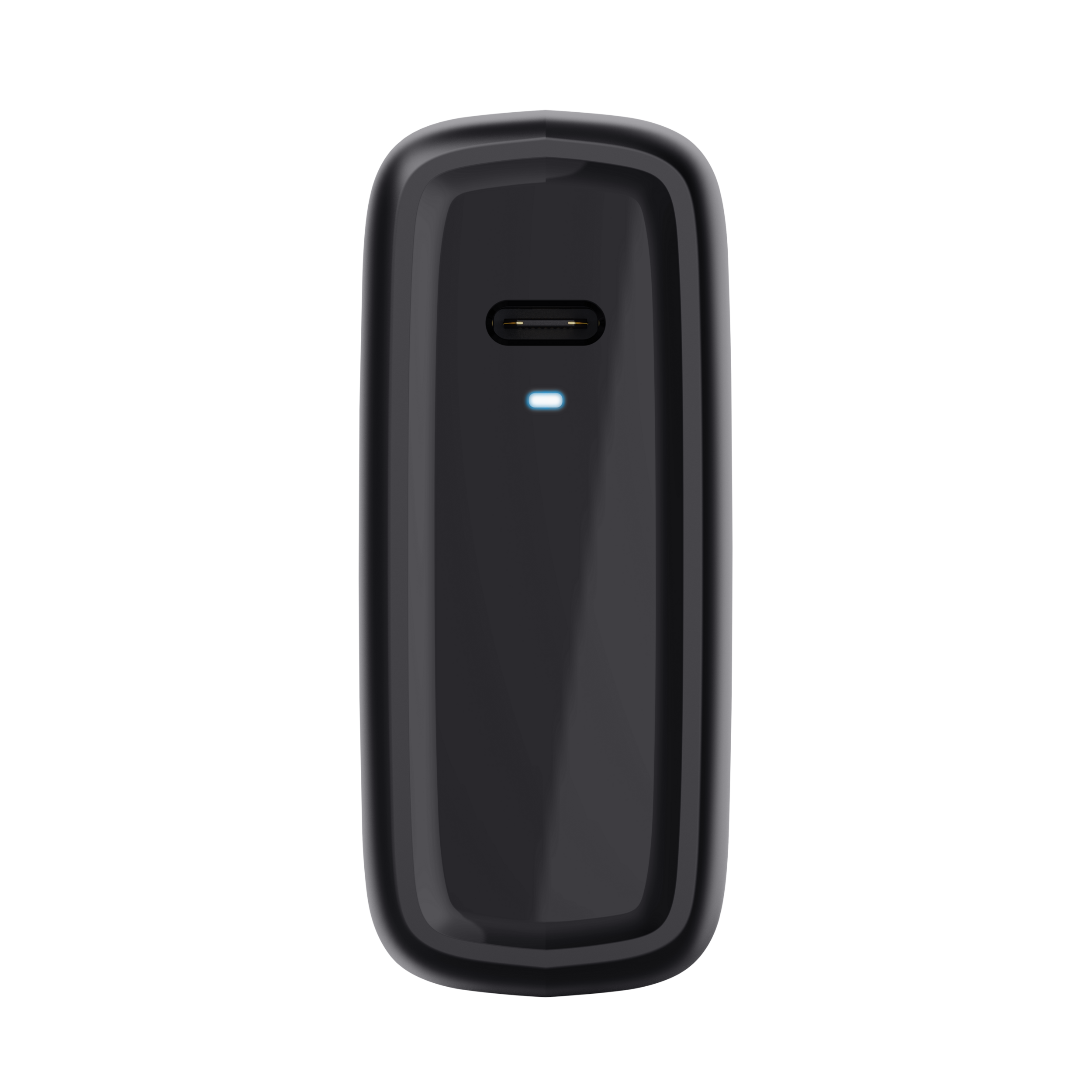 Black, glossy, rectangular device with a USB-C port. The port has a blue light lit up.
