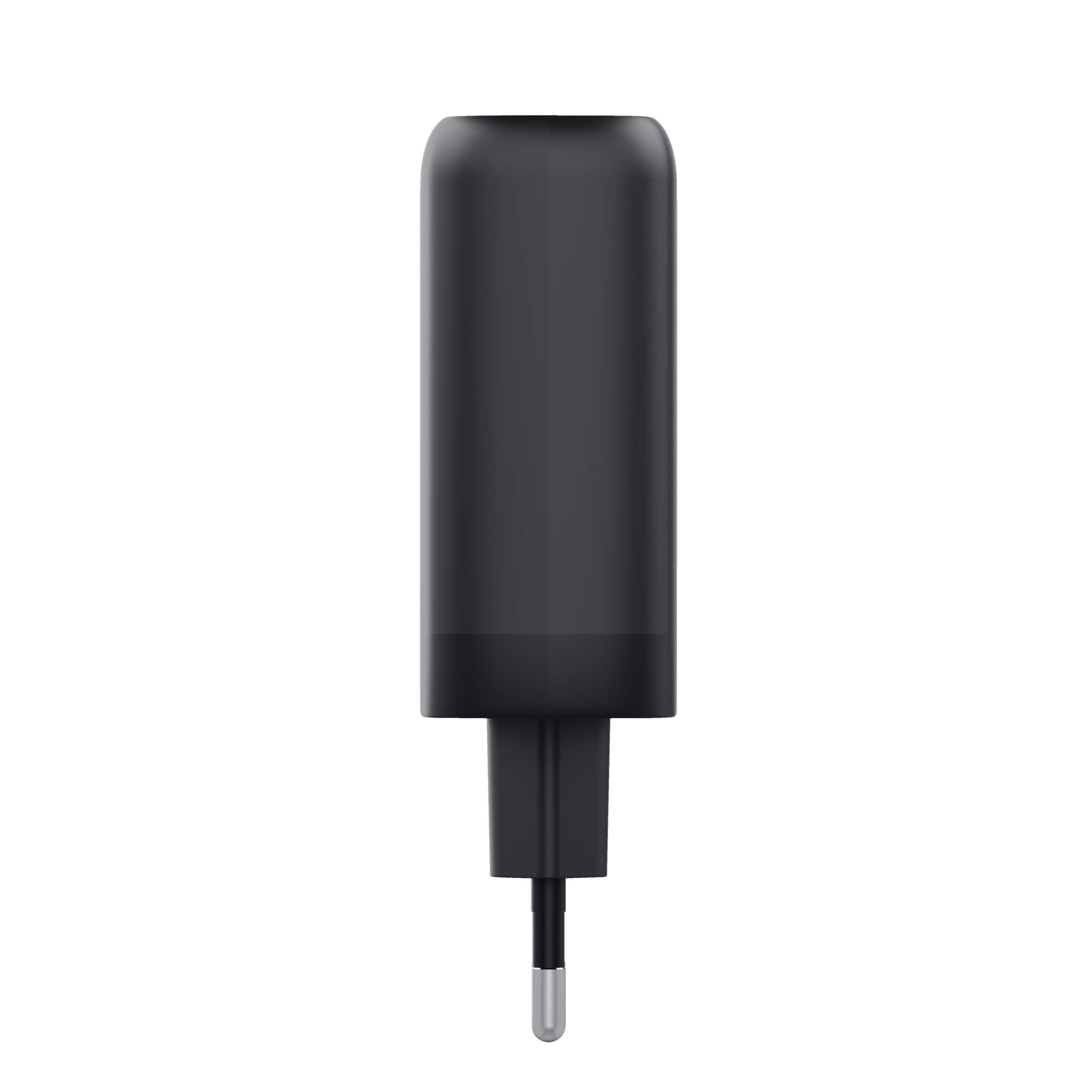 Black USB charger plug. Simple design with a single plug.