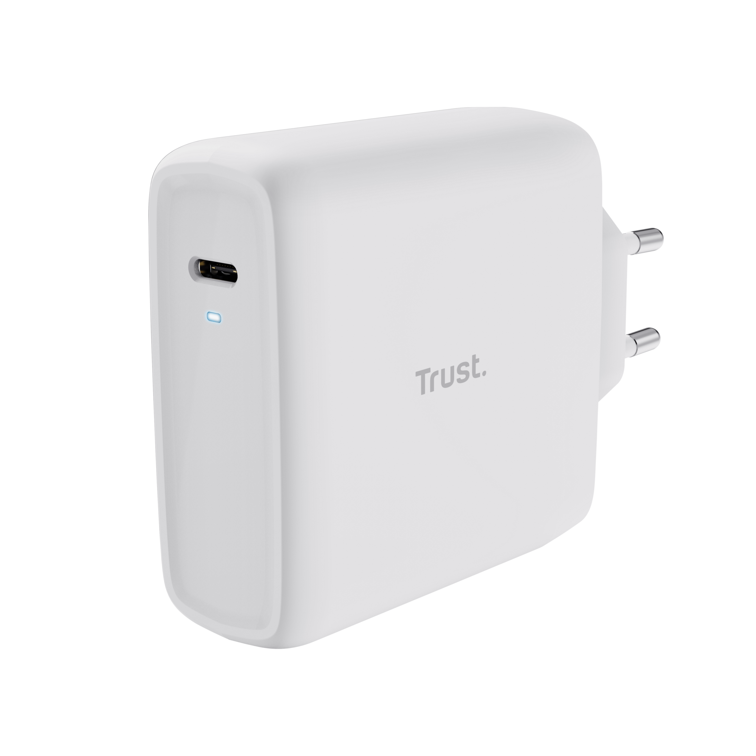 Een witte Trust-oplader met een USB-C-poort en twee pinnen.
