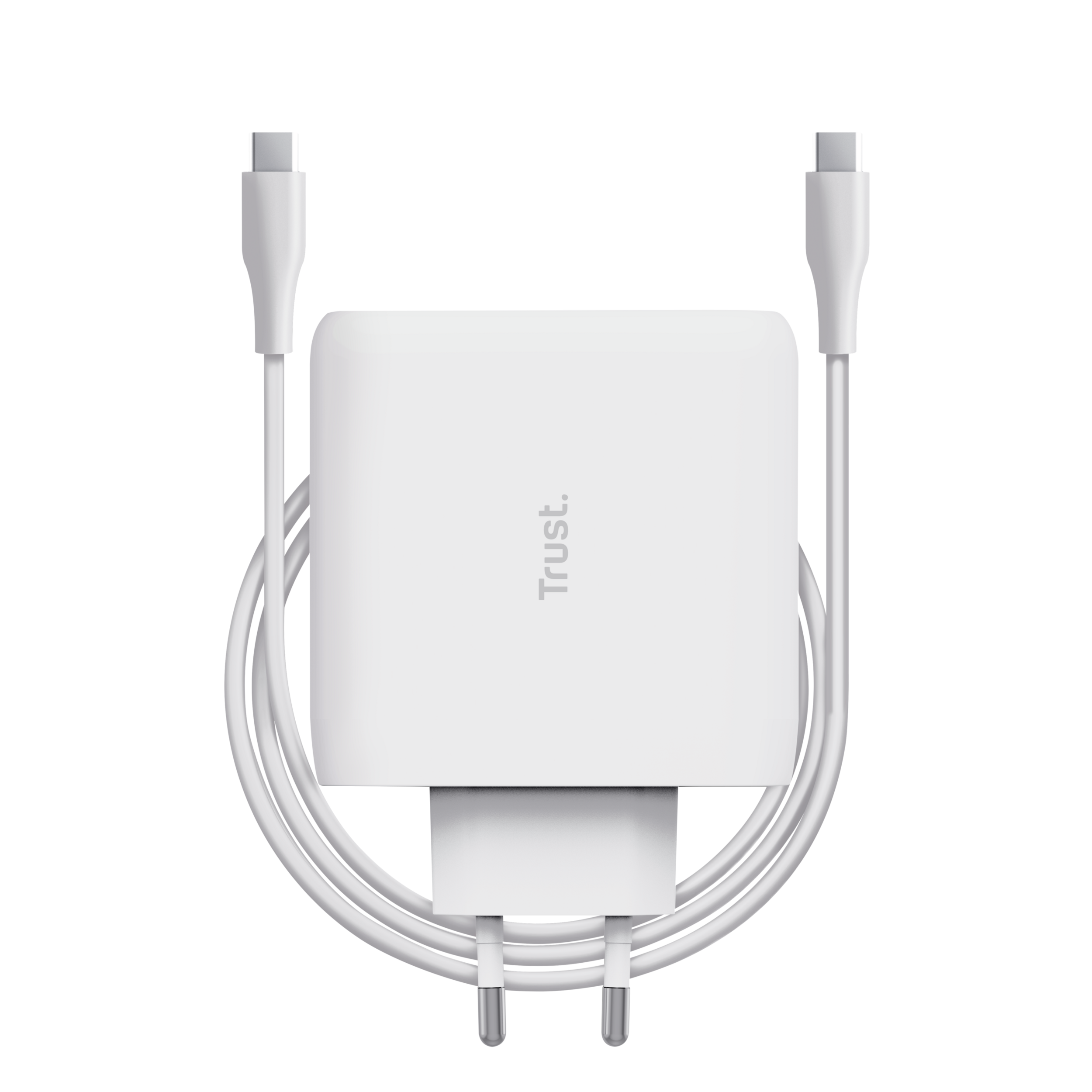 Witte oplader met twee USB-C-kabels, stekker en het Trust-logo.