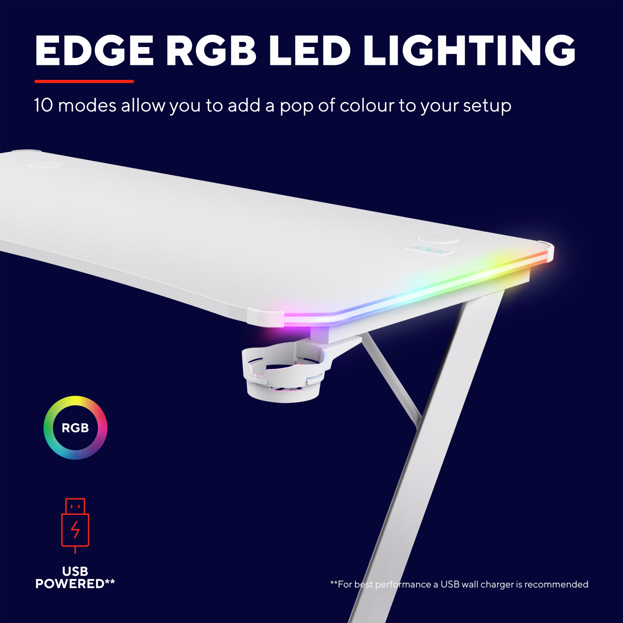 Weißer Gaming-Schreibtisch mit RGB-LED-Beleuchtung. Der Text auf dem Bild lautet 'USB Powered'.