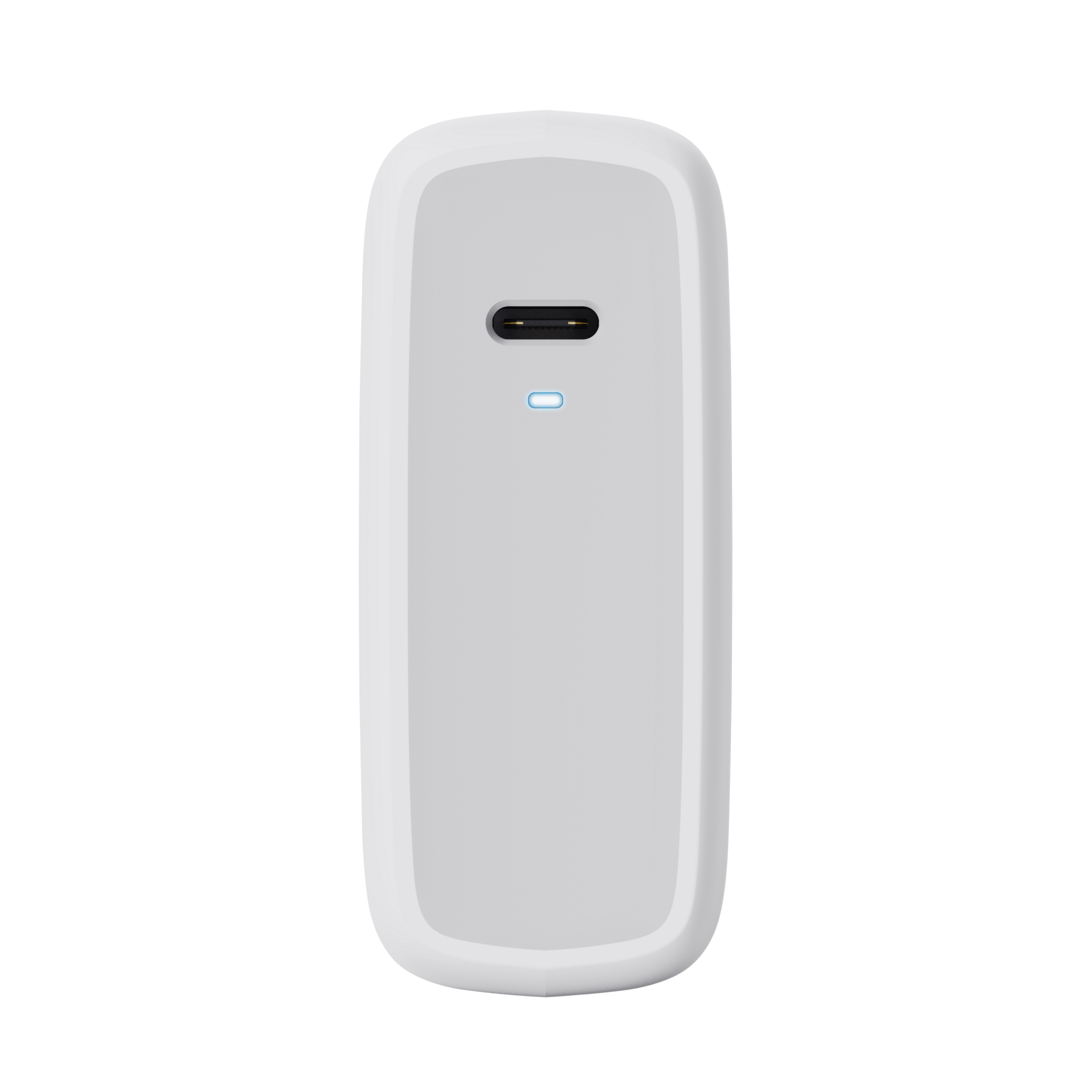 Een witte USB-C-oplader met één poort en een blauw lampje, tegen een zwarte achtergrond.