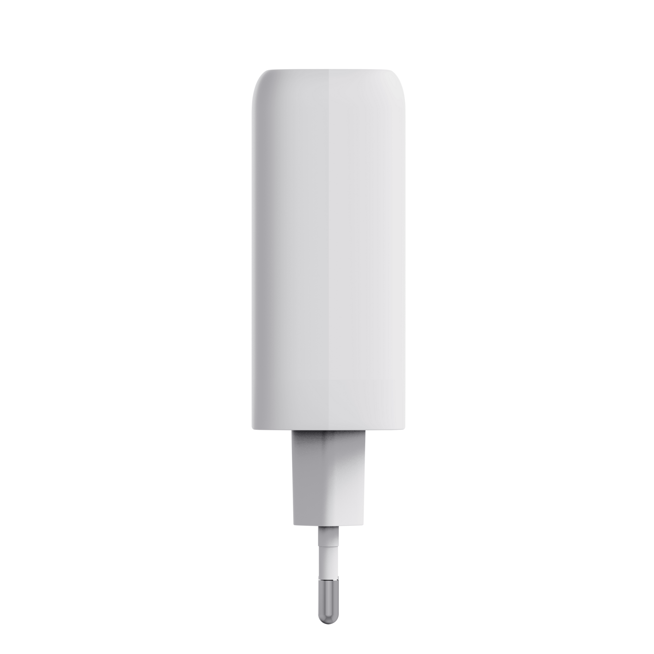 Een witte telefoonoplader met een stekker op een zwarte achtergrond.