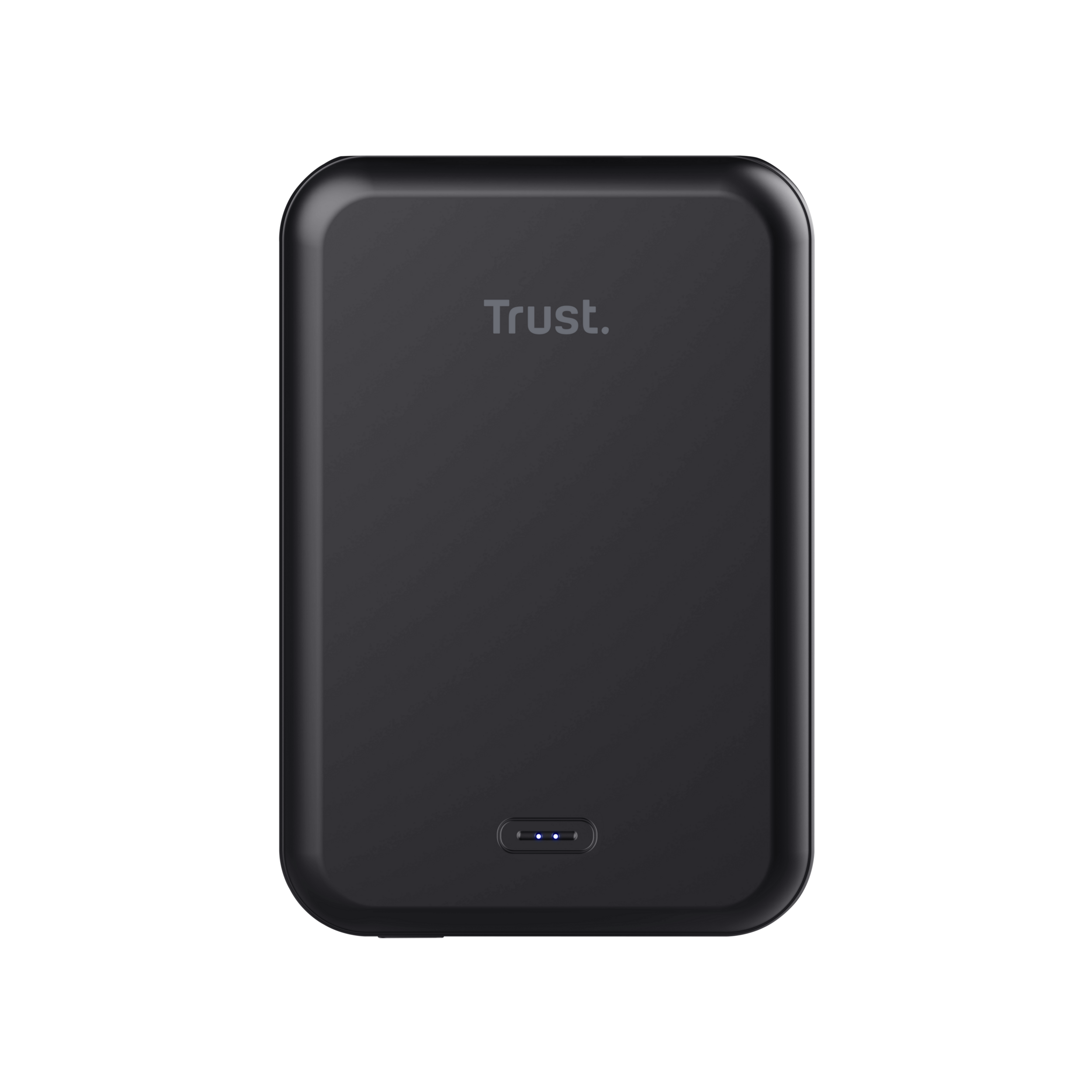 Un power bank nero su sfondo nero. Il testo dice 'Trust.'.