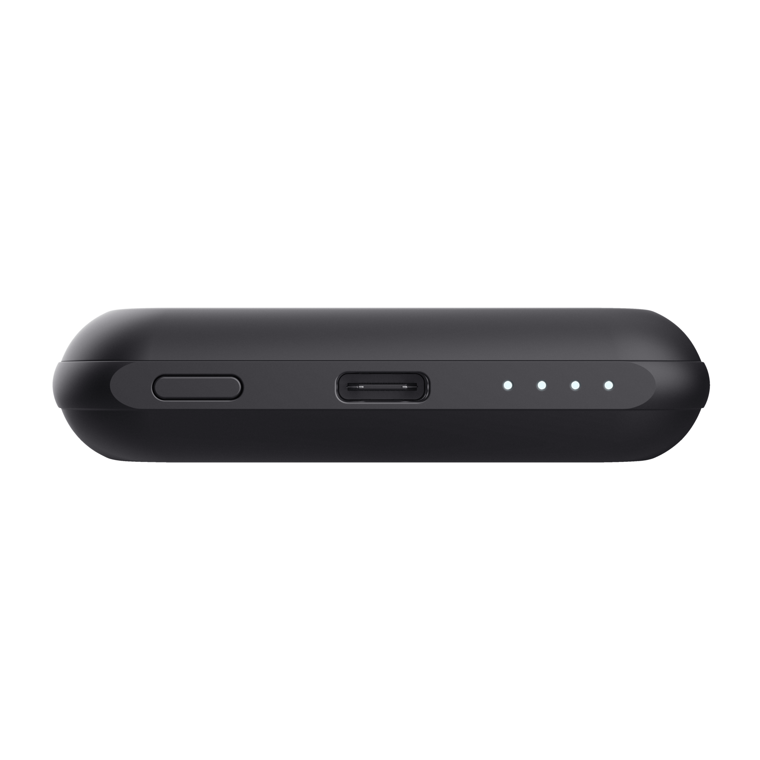 Un power bank nero. Ha una porta USB-C, un pulsante e quattro piccole luci bianche.