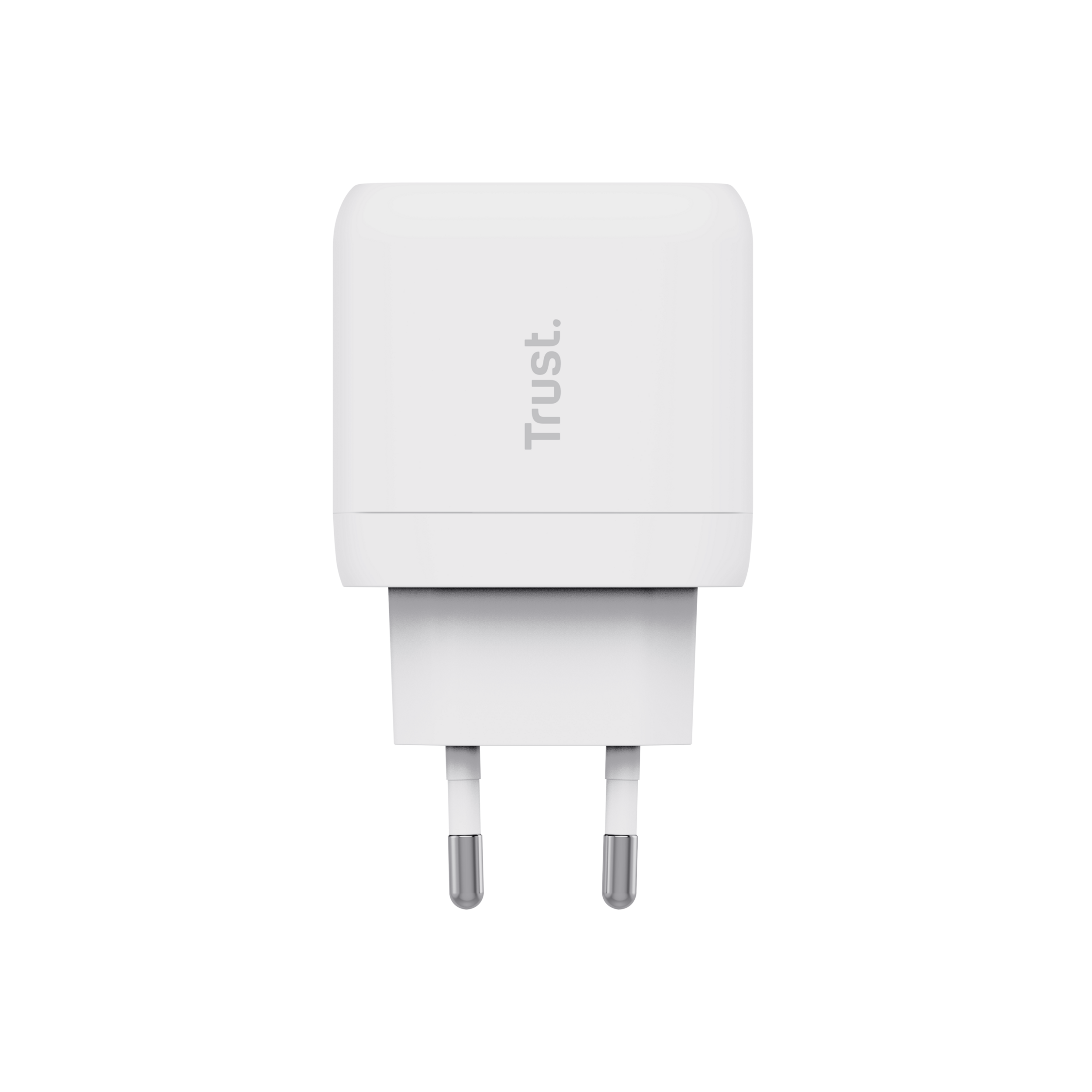 Witte USB-oplader met twee pinnen. De oplader heeft de merknaam 'Trust'.