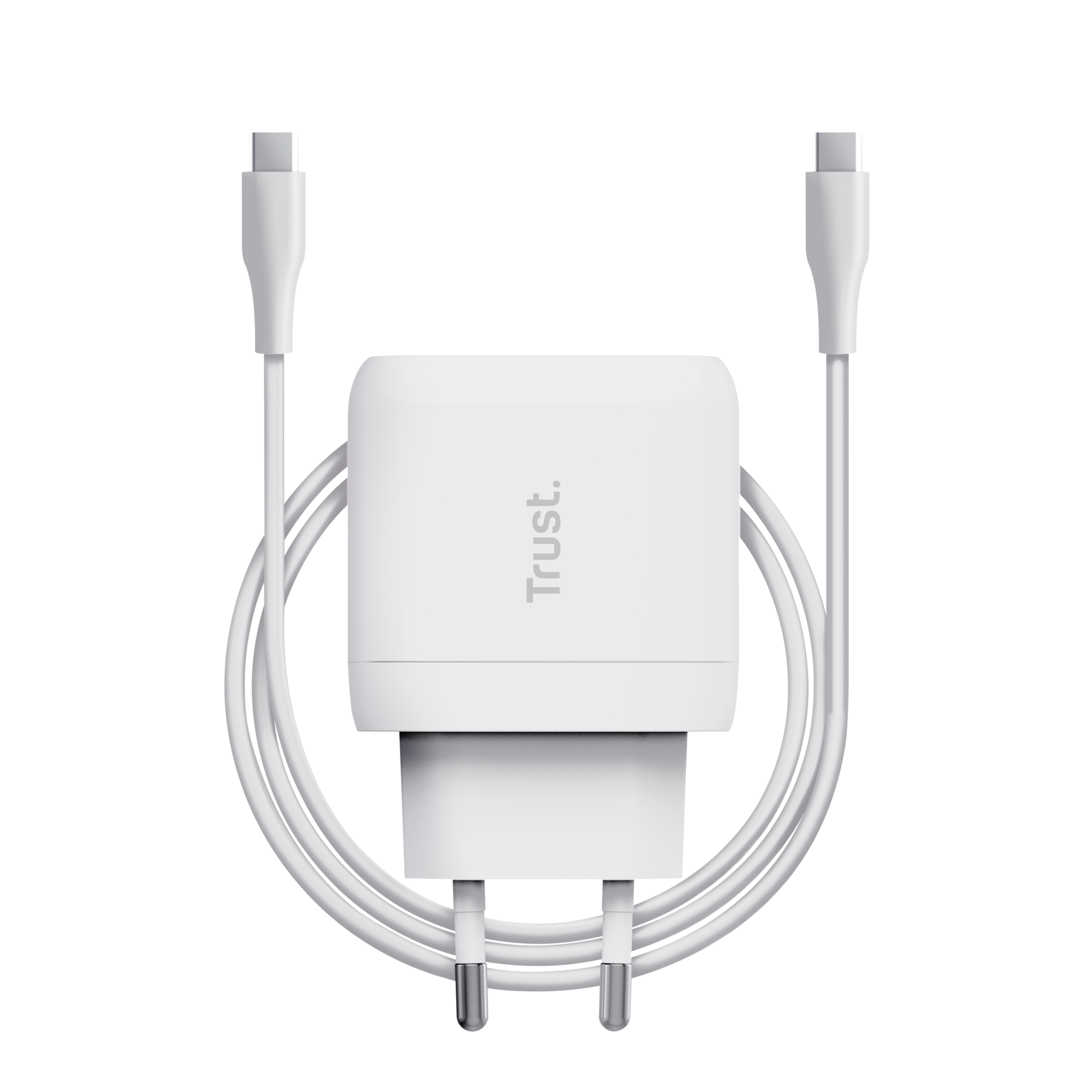 Witte oplader met twee witte kabels, op een zwarte achtergrond. Het merk is Trust.