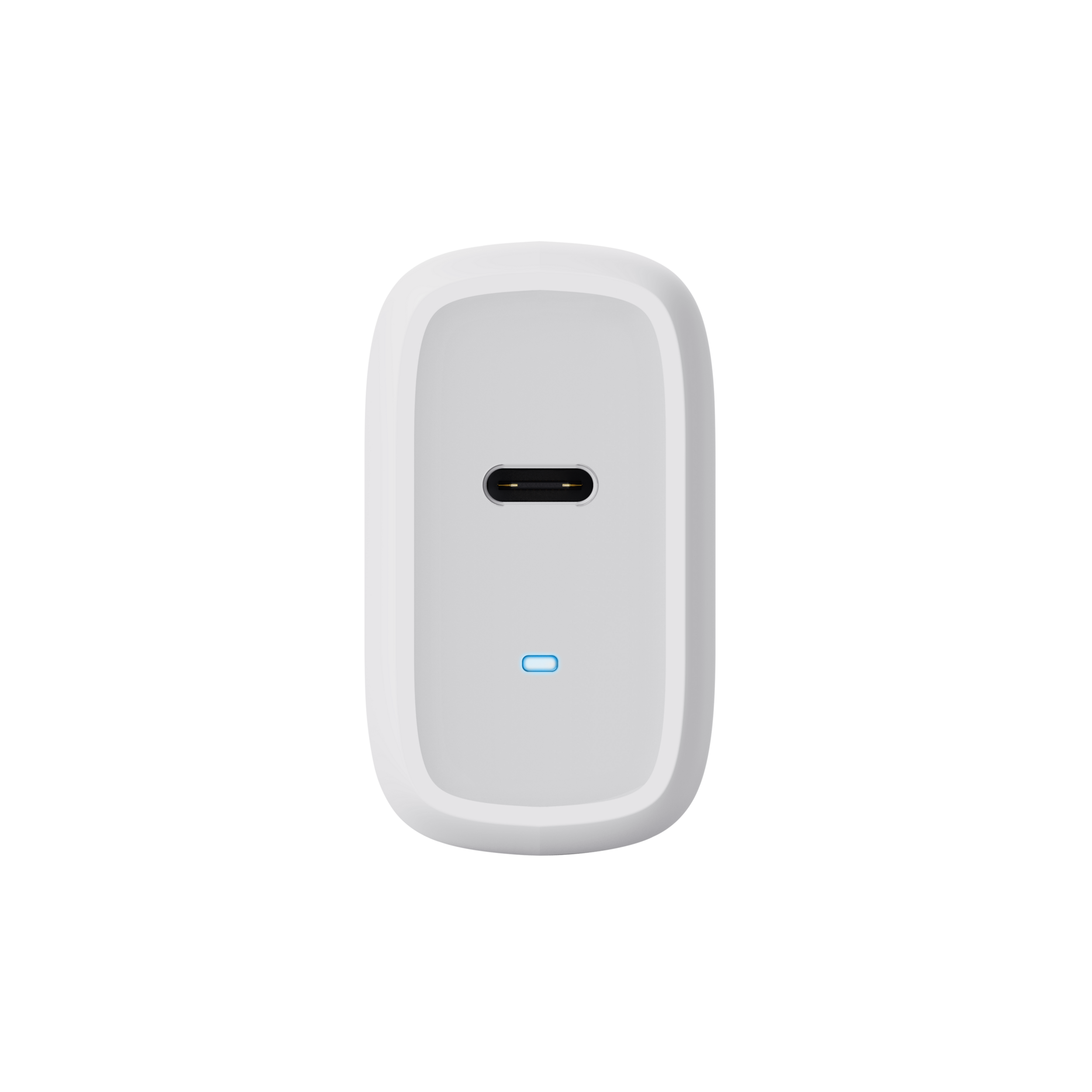 Witte oplader met een USB-C-poort op een zwarte achtergrond.