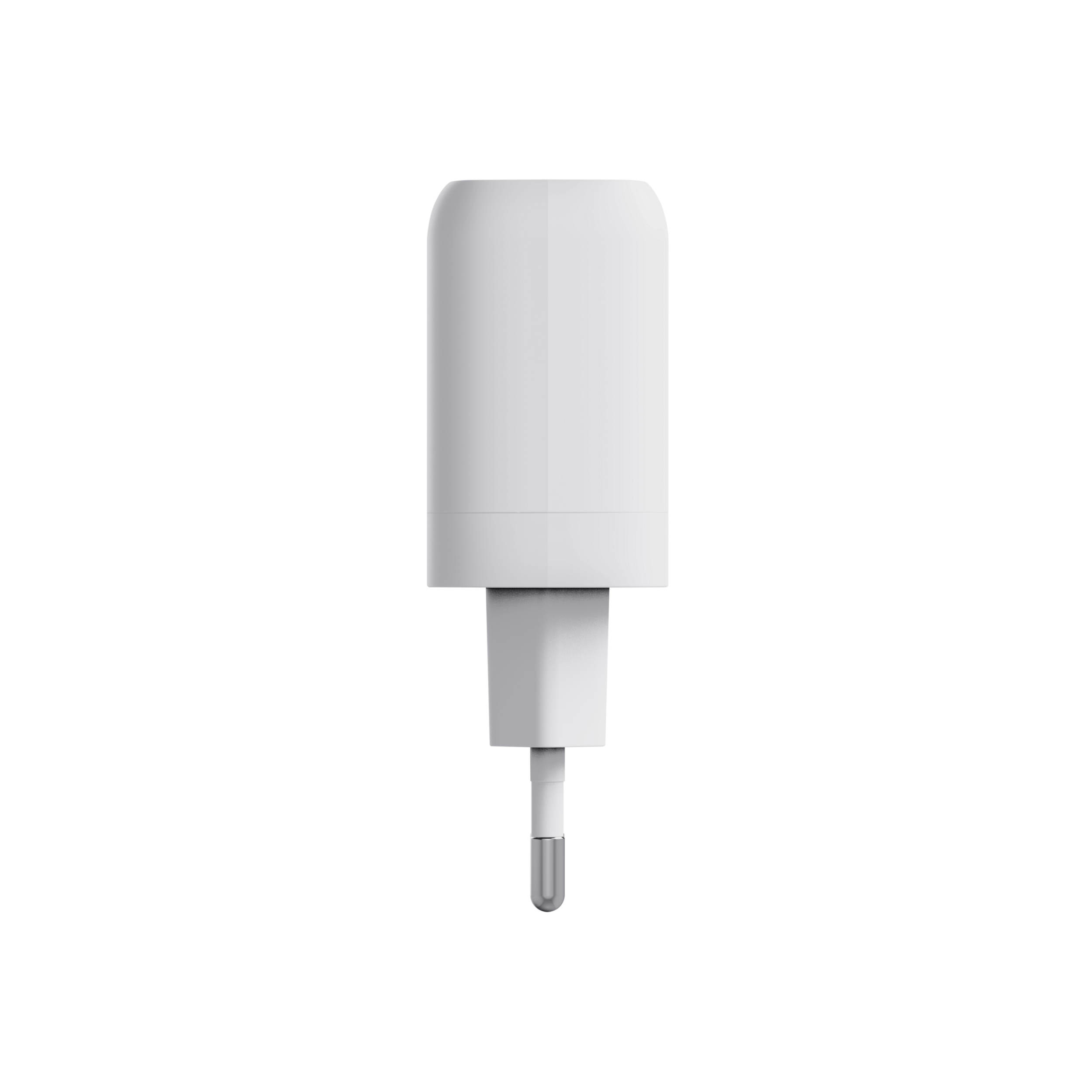 Witte telefoonlader met een stekker met twee pinnen, gezien tegen een zwarte achtergrond.