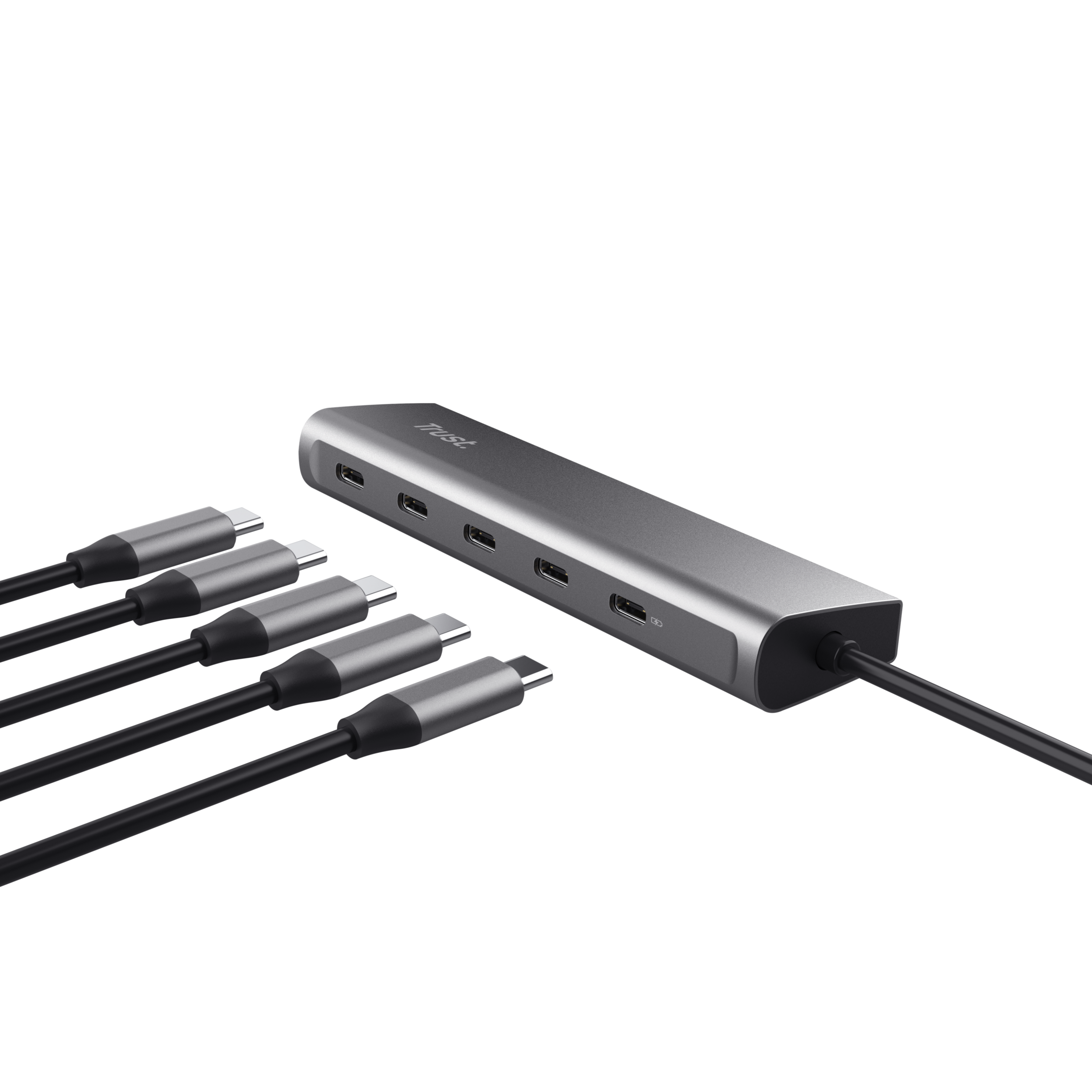 Hub USB-C argentato con più porte. Cavi neri collegati. Sfondo nero.