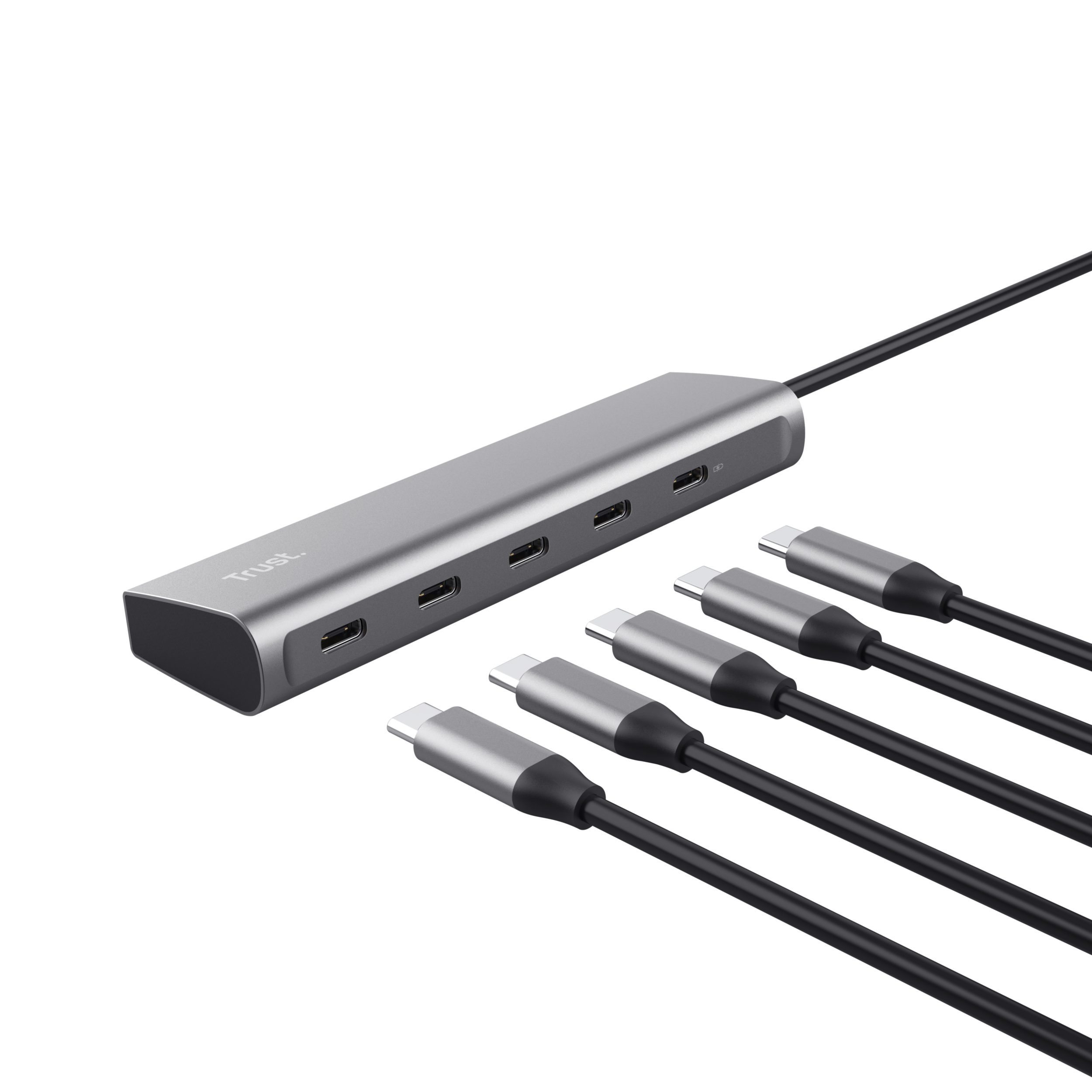 Hub argentato con più porte USB-C e cavi collegati. Cavi neri si collegano all'hub.