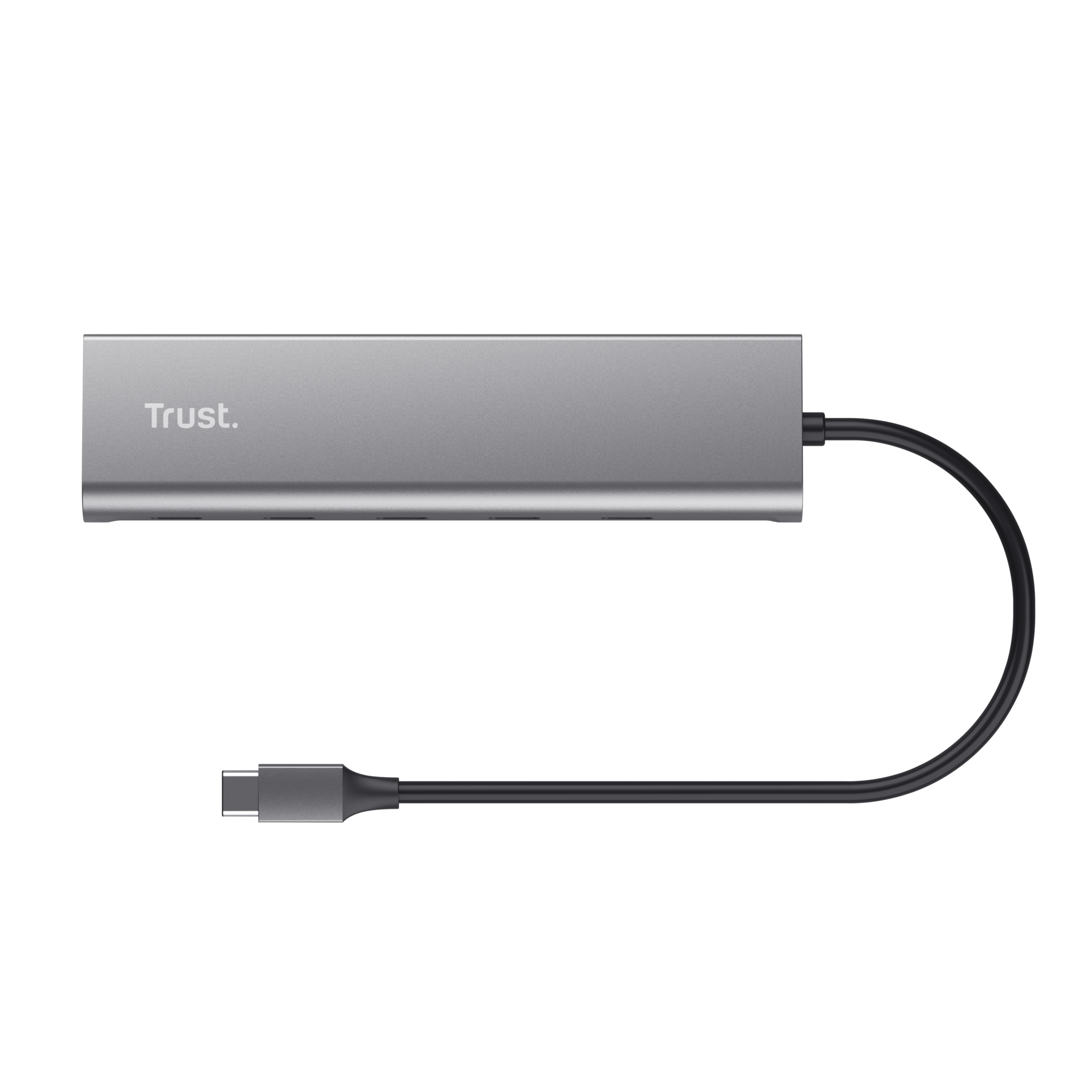 Un hub USB argentato con cavo USB-C collegato, su sfondo nero.