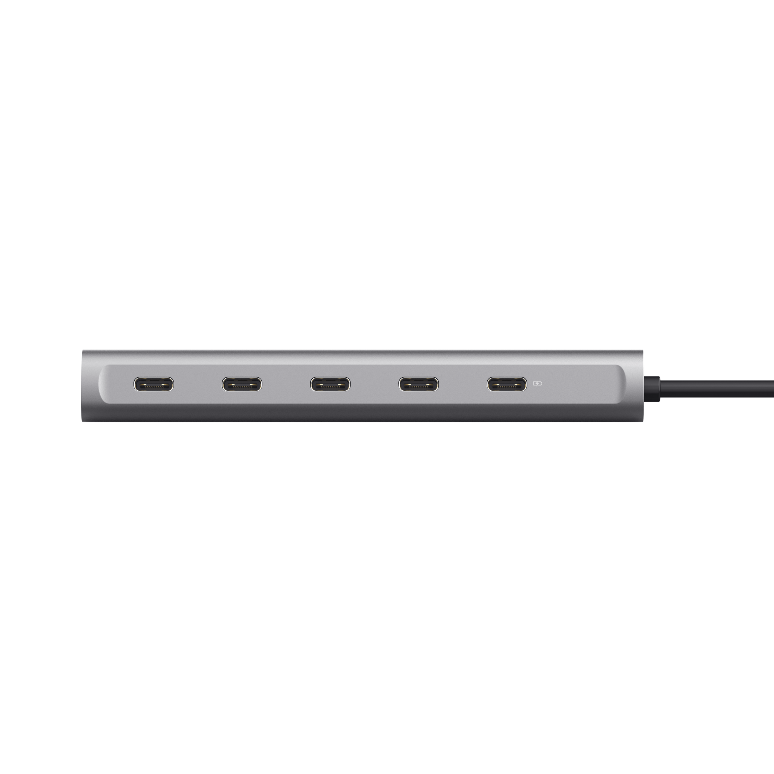 Un hub USB-C argentato con più porte, su sfondo nero. Un cavo nero si estende dall'hub.