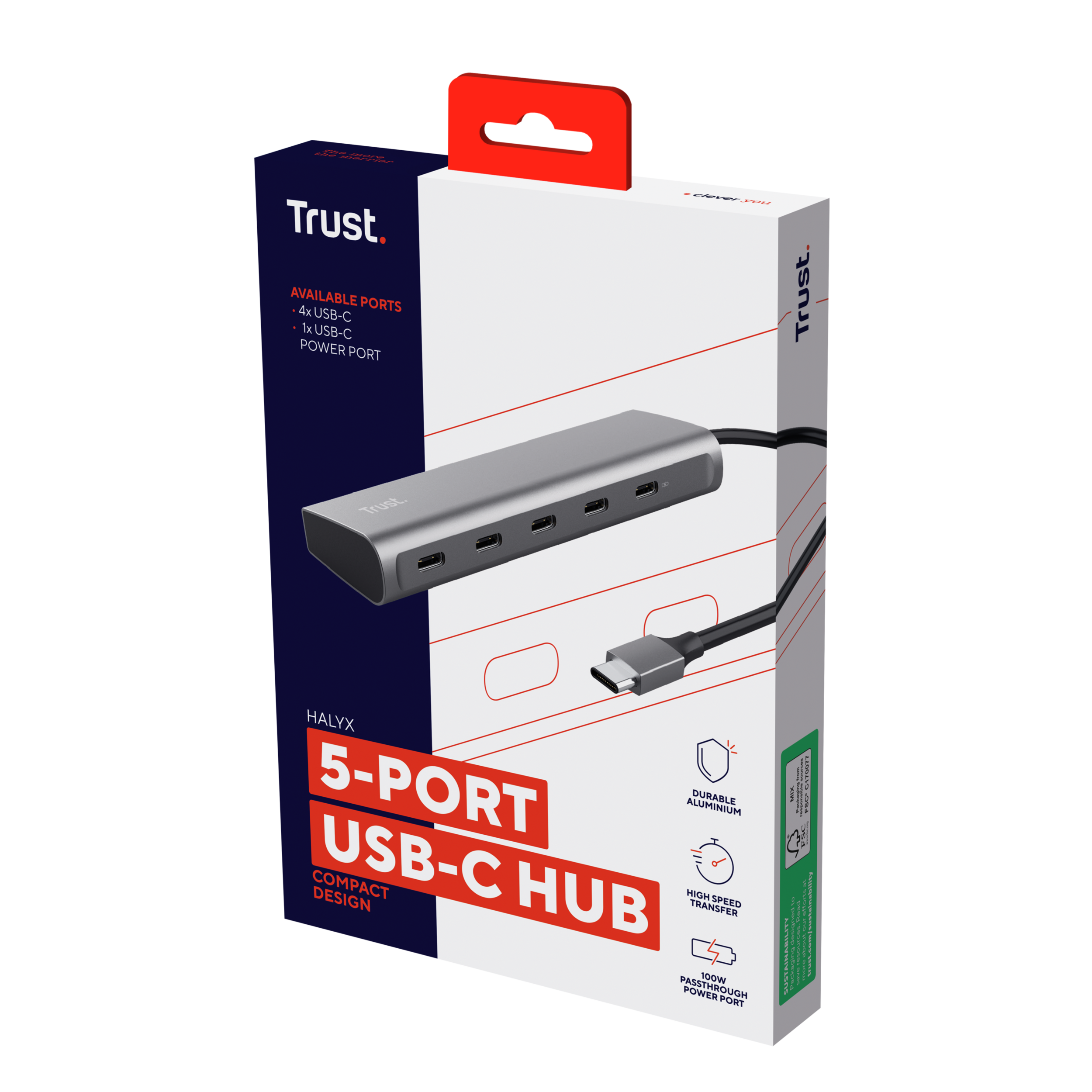 Trust Hub USB-C a 5 porte in una scatola. Testo: Hub USB-C a 5 porte, Design compatto, Porte disponibili.