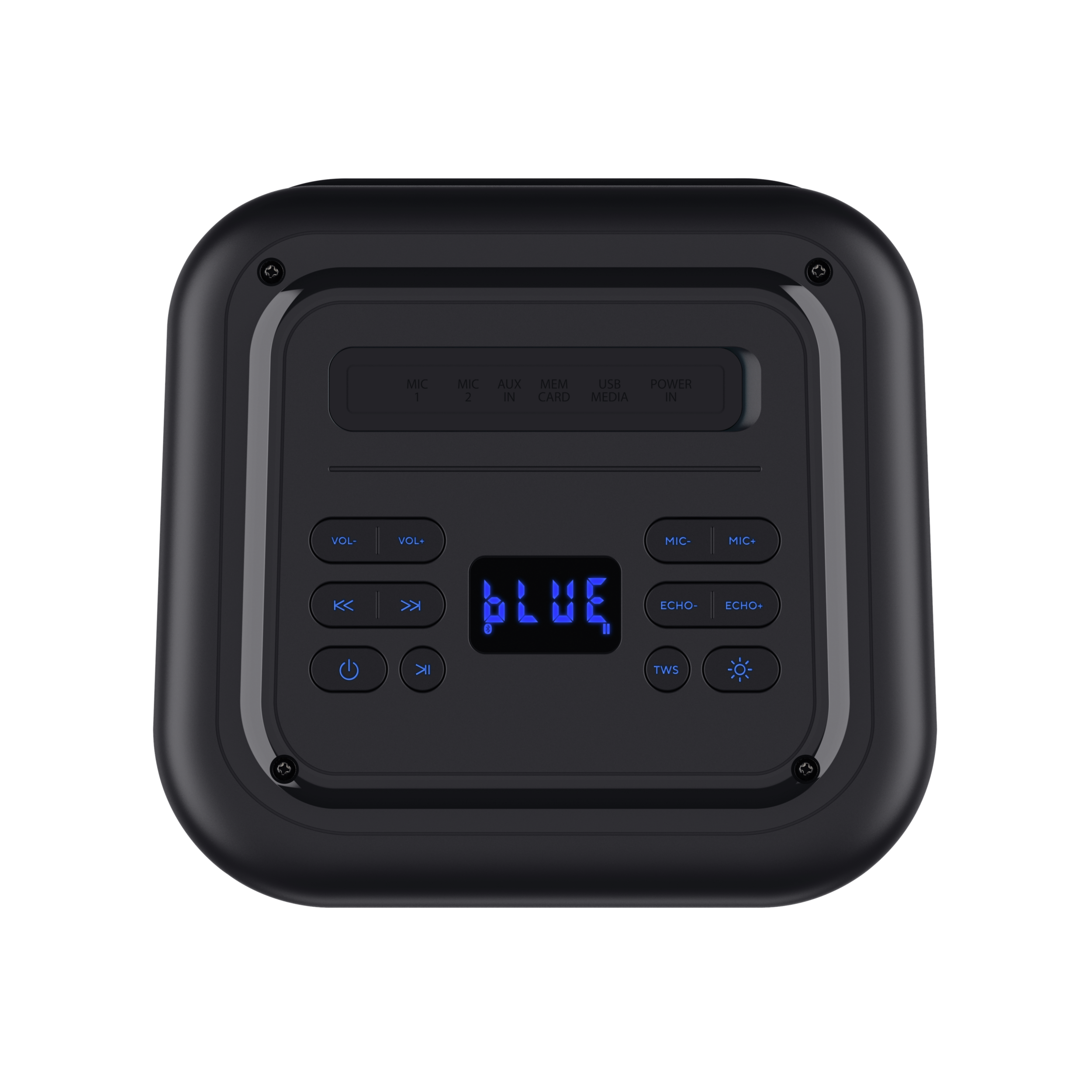 Czarny panel sterowania głośnikiem z niebieskim wyświetlaczem i przyciskami.