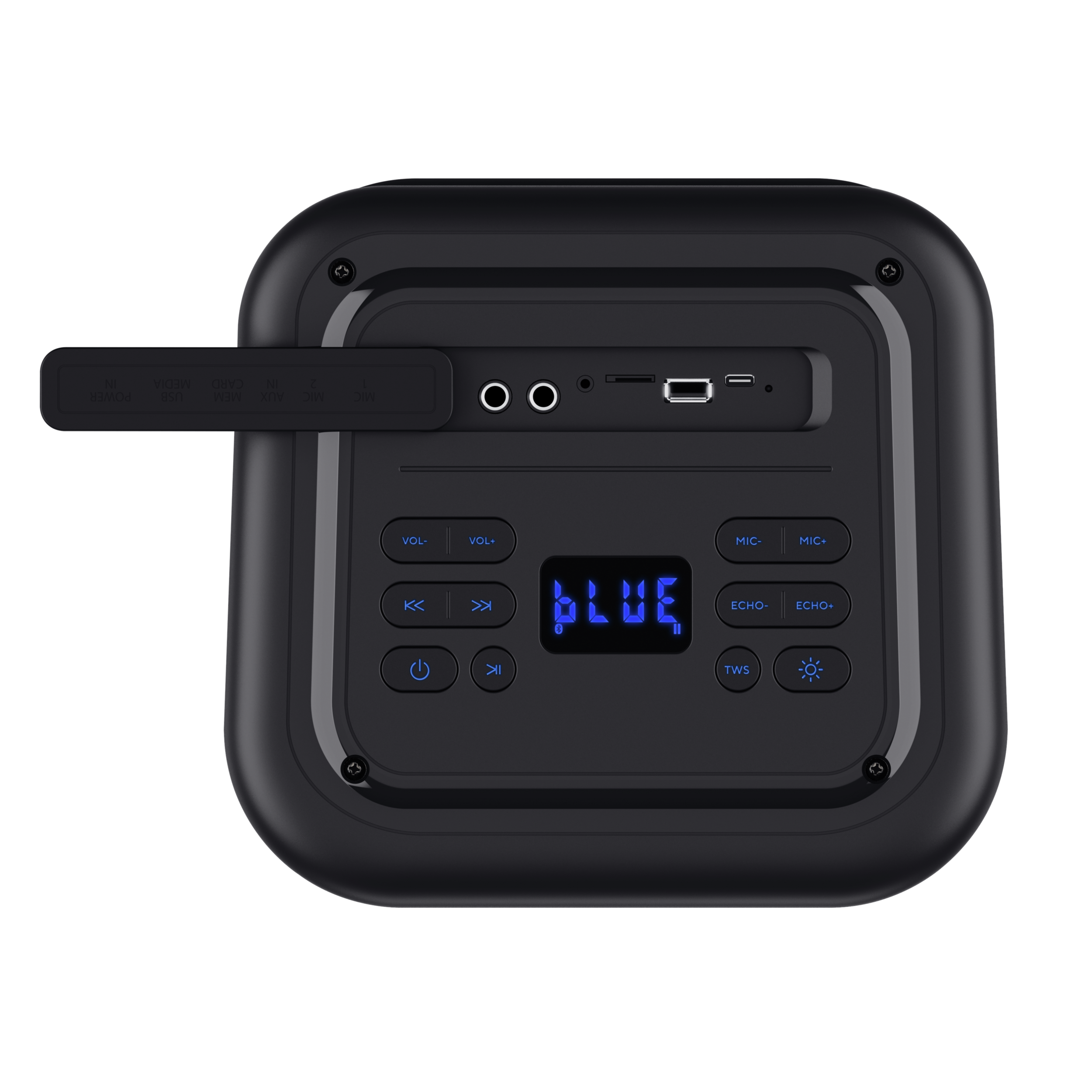 Czarny głośnik bluetooth z przyciskami sterowania i niebieskim wyświetlaczem, na czarnym tle.