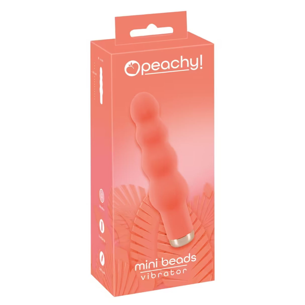 Ein pfirsichfarbener Mini-Beads-Vibrator in seiner Verpackung, mit einem Pfirsich-Logo und dem Text 'peachy!'