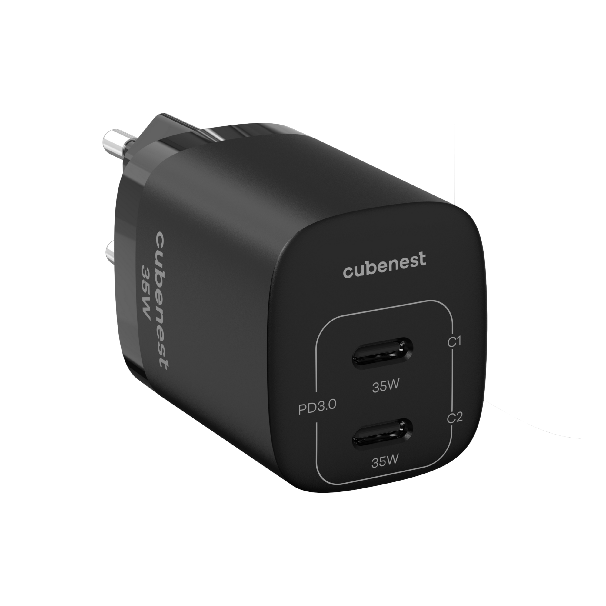 Un caricatore cubenest 35W nero con due porte USB-C. Ha una spina ed è su bianco.
