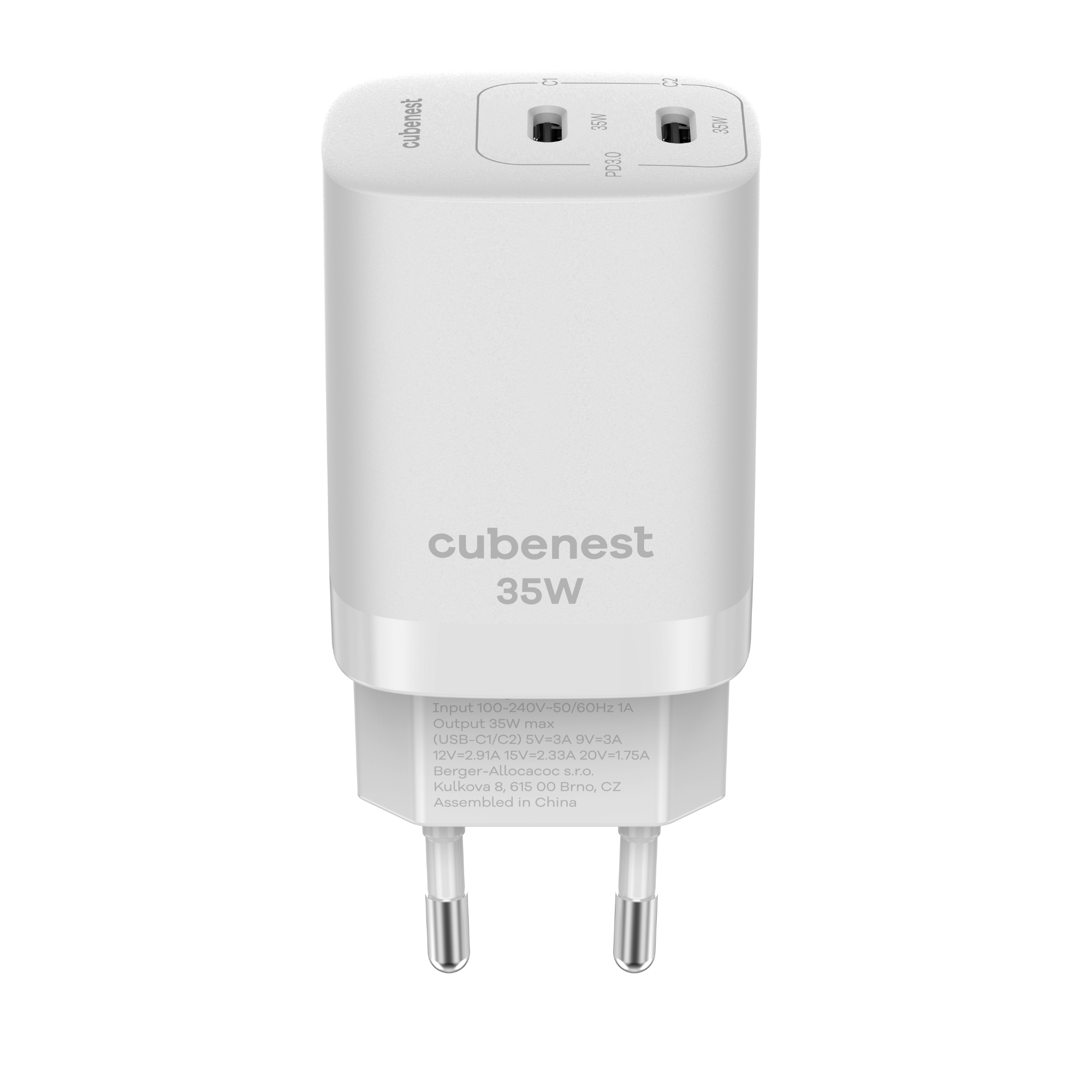 Caricatore USB bianco, logo cubenest, due porte USB, testo nero, sfondo bianco.