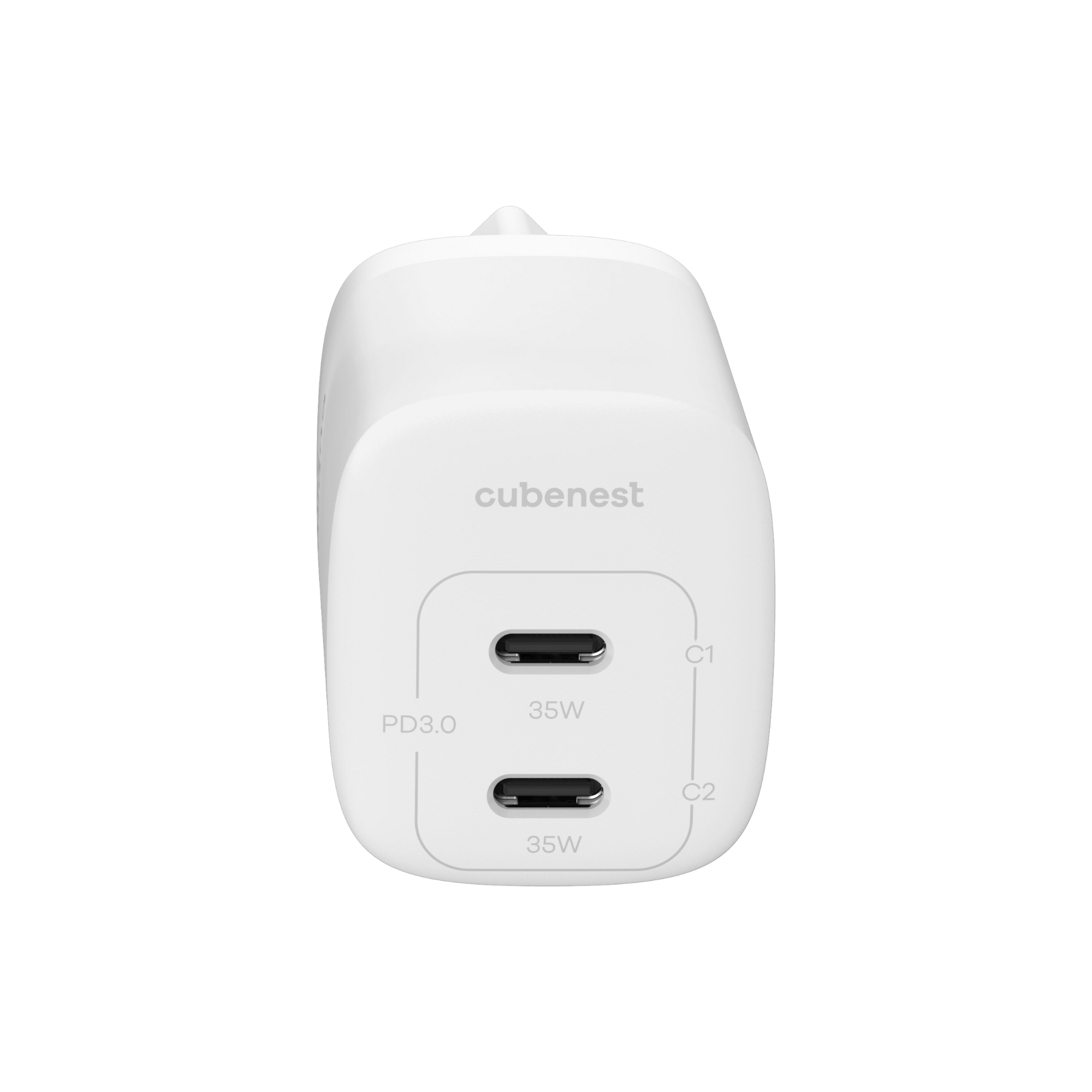 Caricabatterie cubenest bianco con due porte USB-C per uscita da 35W.