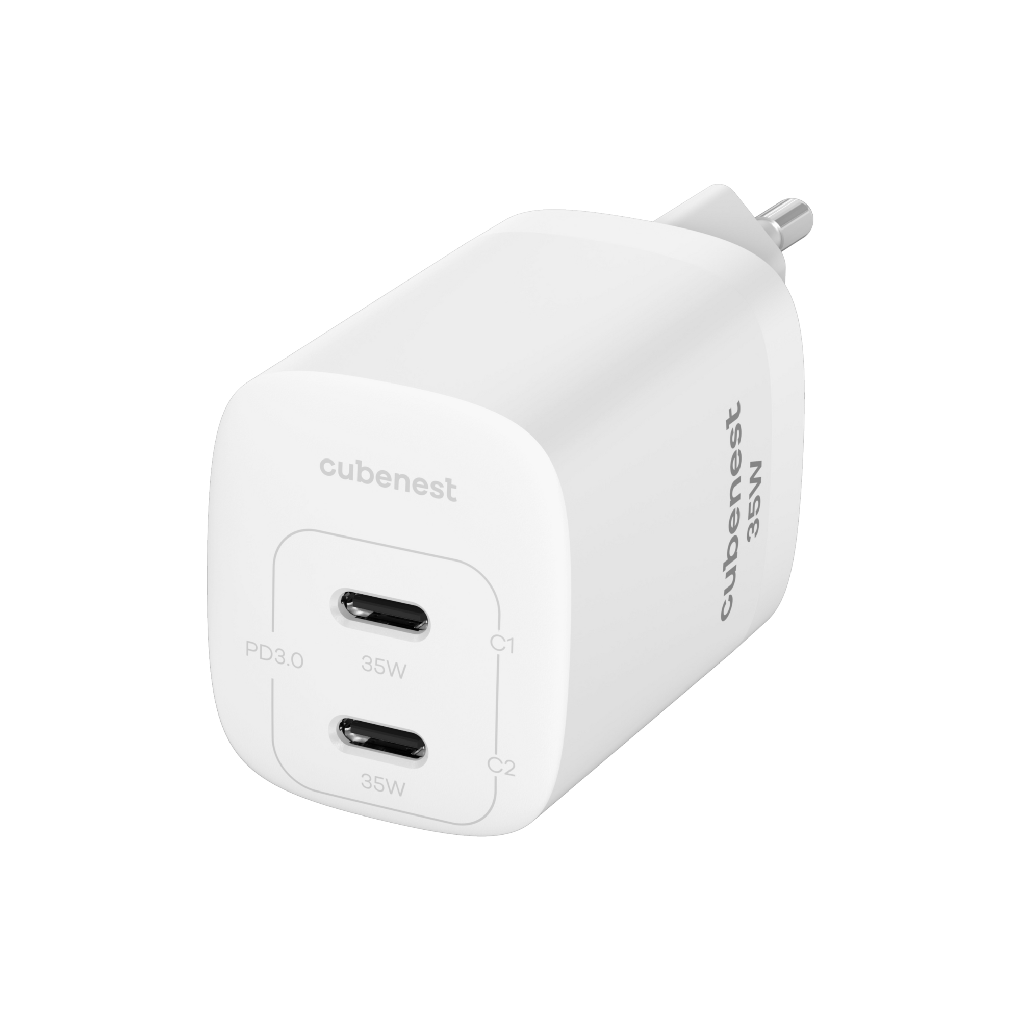 Caricabatterie Cubenest bianco con due porte USB-C, contrassegnate PD3.0 e 35W.