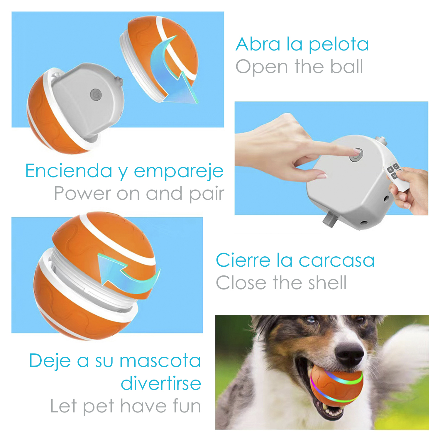 Un giocattolo a palla arancione e bianco per animali domestici, con istruzioni per l'uso.