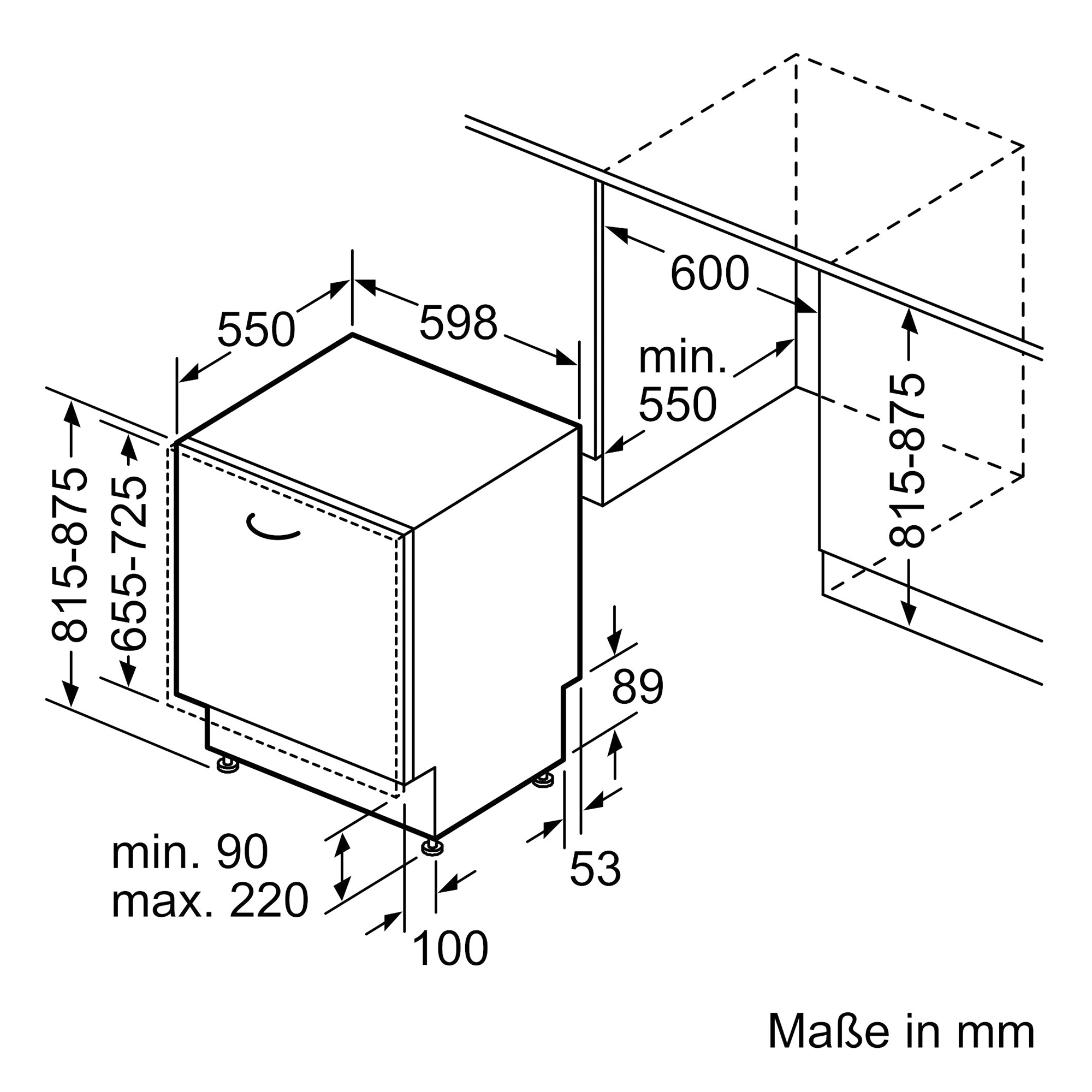 Un diagramma di una lavastoviglie con dimensioni in mm per l'installazione. L'apparecchio è bianco.