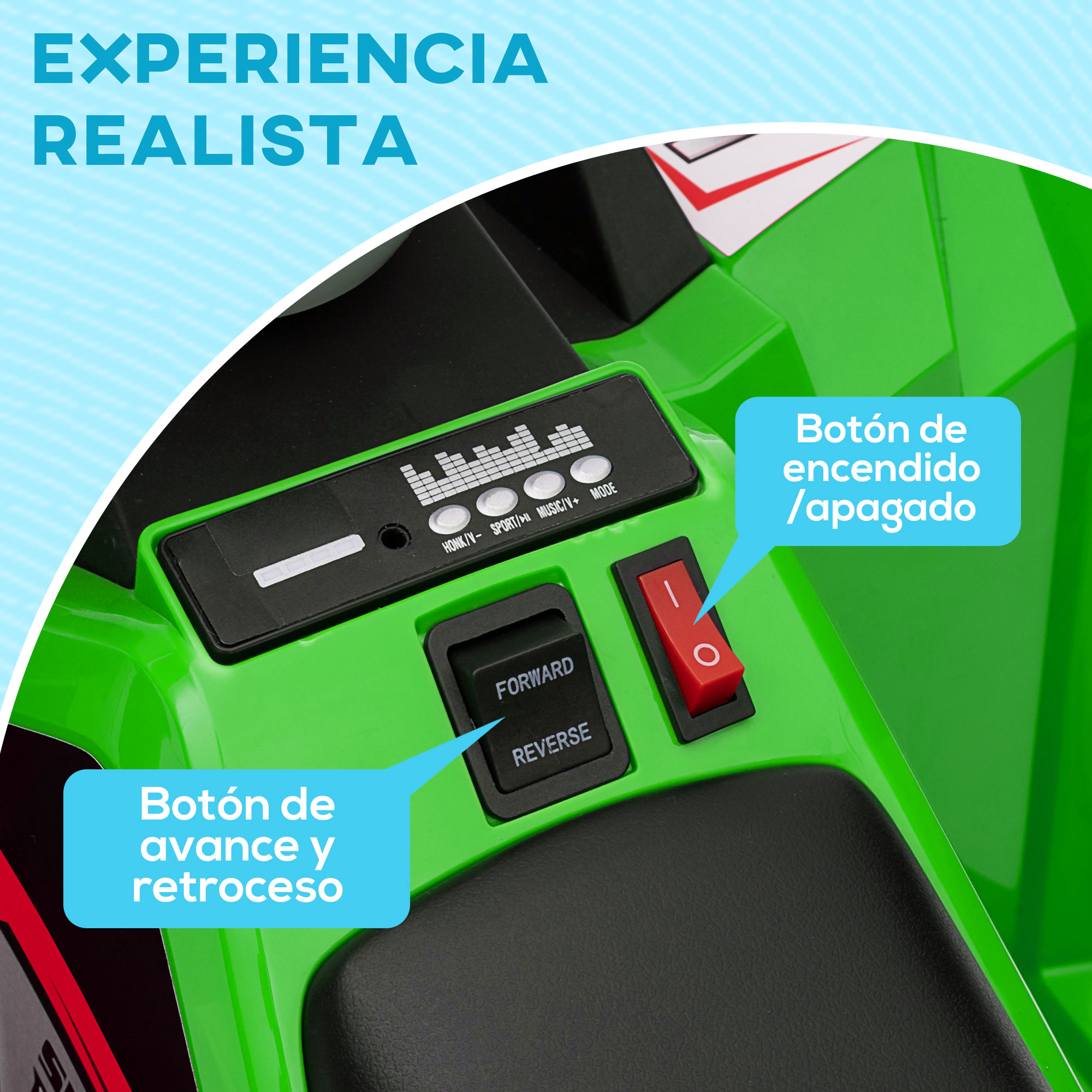 Coche de juguete verde con botones de avance/retroceso y encendido/apagado. Texto dice 'Experiencia Realista'.