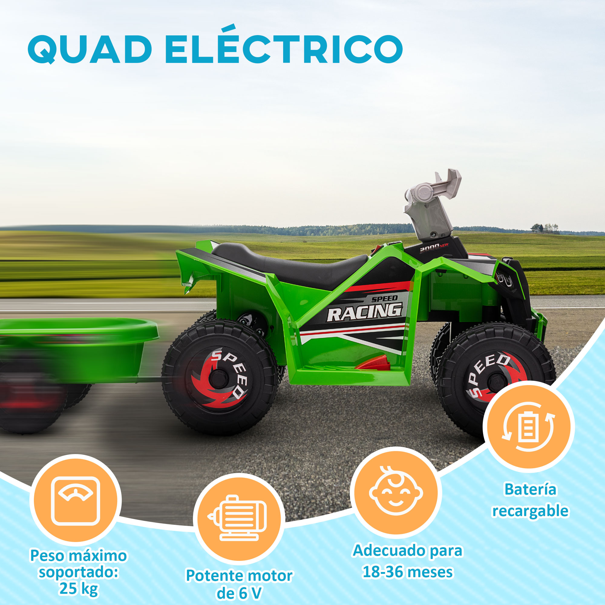 Quad eléctrico verde con remolque. Características: motor potente, batería recargable y peso máximo de 25 kg.