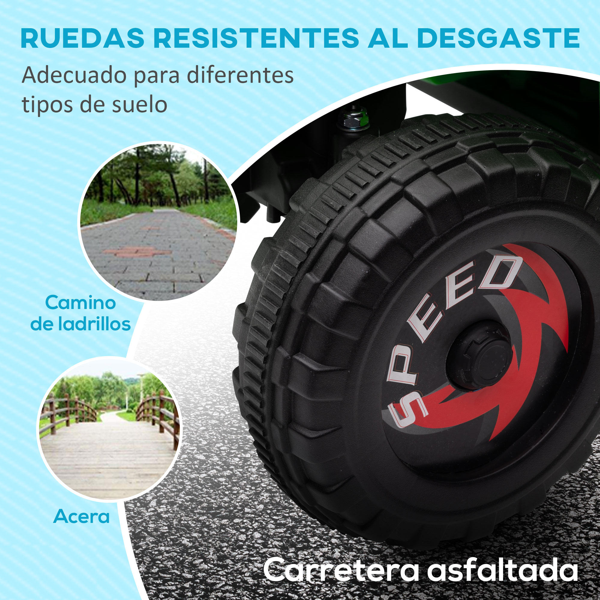Neumático negro con texto 'SPEED' rojo. Incluye camino de ladrillos y madera en círculos y carretera asfáltica.