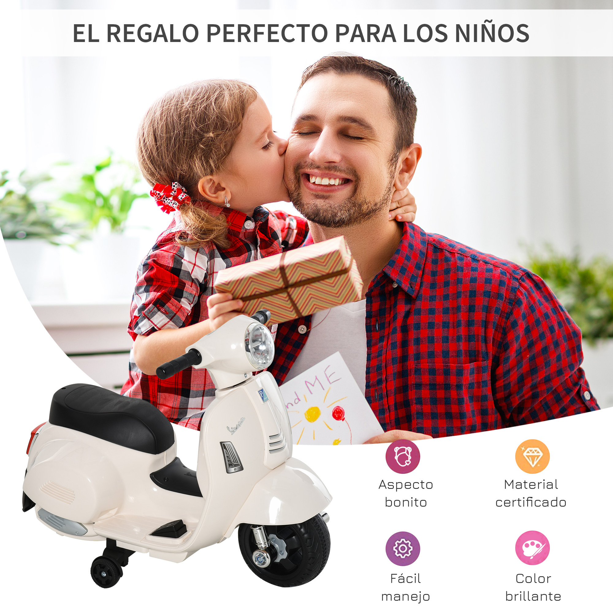 Un padre y una hija, con un patinete de juguete y regalos. El fondo dice “El regalo perfecto para los niños”.